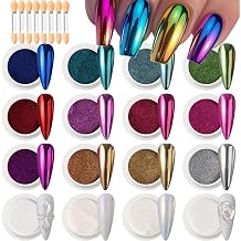 Chrome Nail Powder for Nails - 16 Colors Kit with 8 Brushes, Mirror Metallic Gold Silver Red Blue Aurora Pearl Iridescent Mermaid Shimmer Glitter for Home DIY Salon Nail Art Supplies