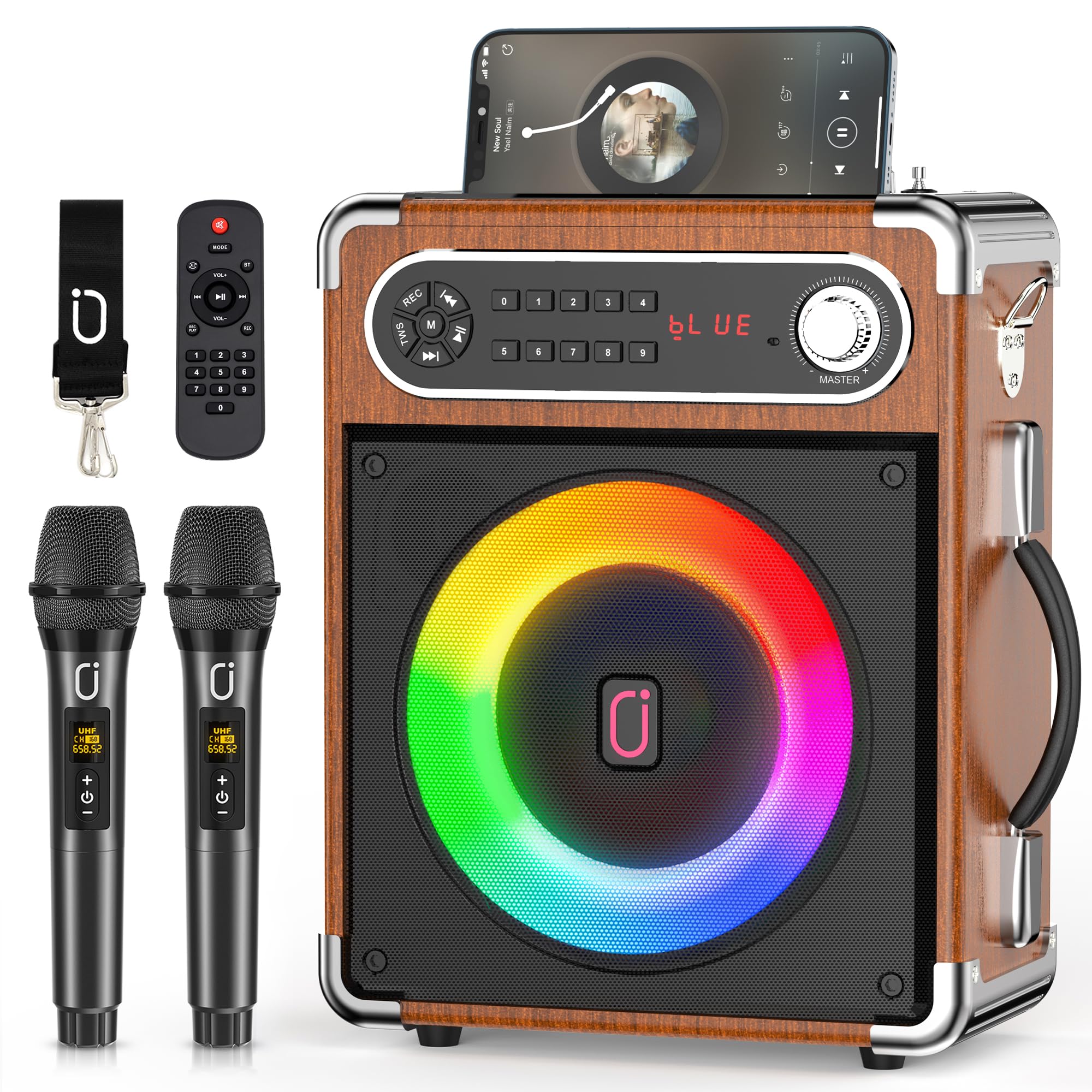 【US Top 1】JYX Karaoke Speaker with Two Wireless Microphones, Smart Party Pop Bluetooth Speaker with Bass/Treble Adjustment, Soundbar Outdoor Speakers PA System with Remote Control,LED Light for adults