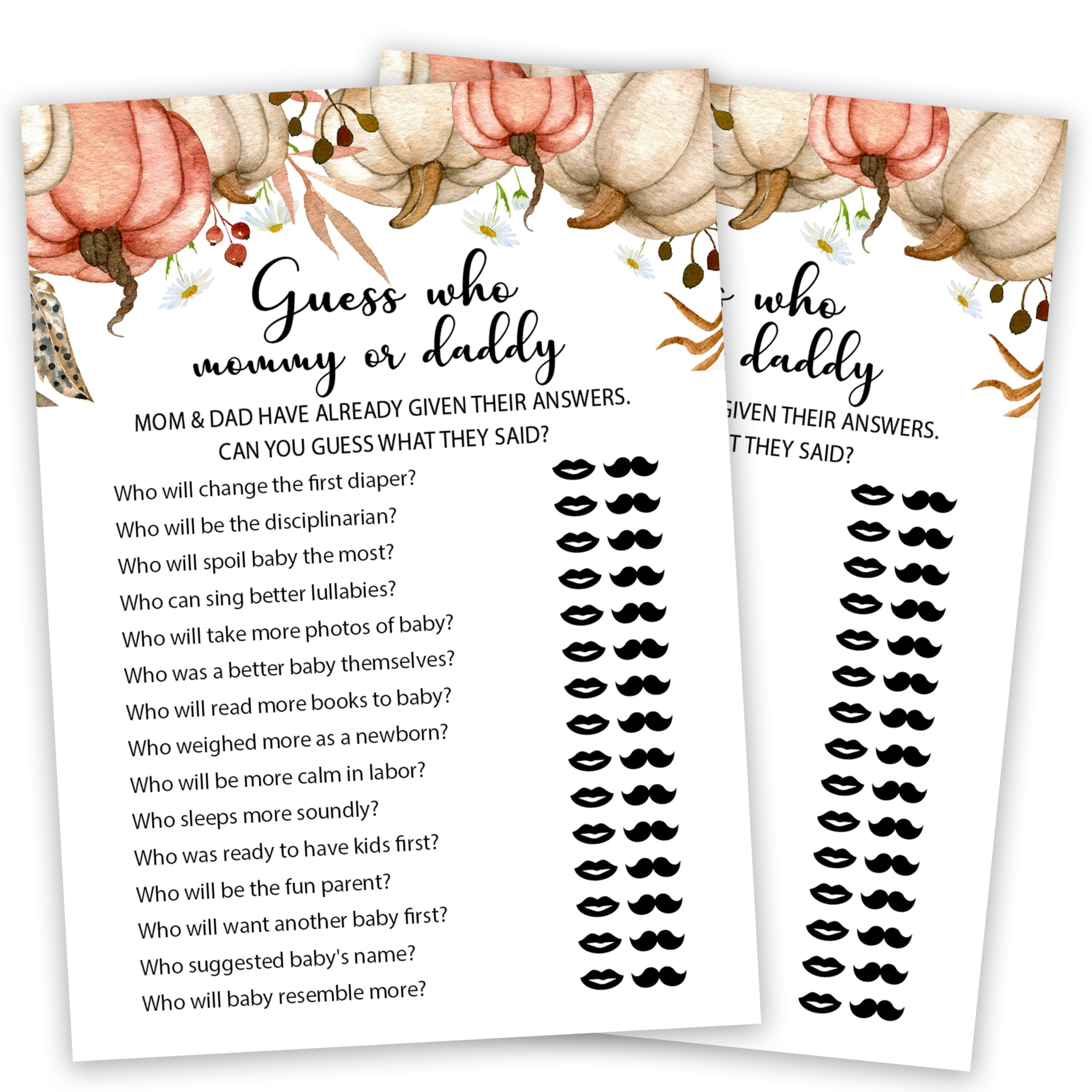 Baby Shower Game Cards, Fall Mommy Or Daddy Game Kit, Gender Reveal Party Supplies Favors, Pumpkins Baby Shower Activity Decorations, Baby Shower Gifts, 25 Game Cards Included -04