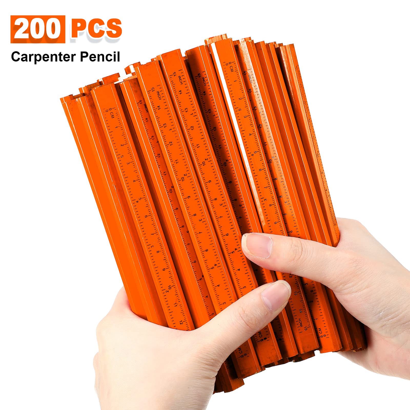 Juego de 202 lápices de carpintero, 200 lápices de construcción planos con regla impresa, lápices de grafito de madera, 2 sacapuntas de carpintero para herramienta de marcado de carpintería (naranja)