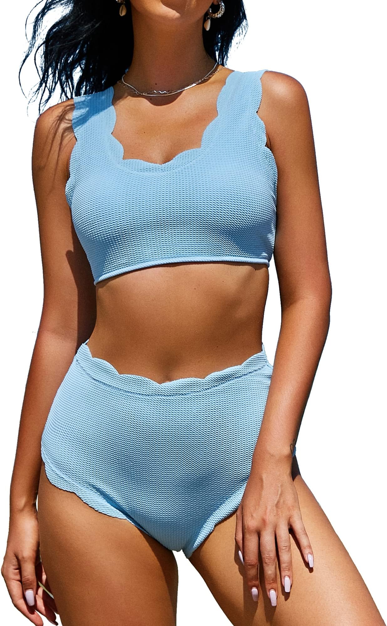 ZAFULHigh Waisted Swimsuits for Women Scalloped Bikini Sets Back Lace-Up Tankini Sets Tummy Control