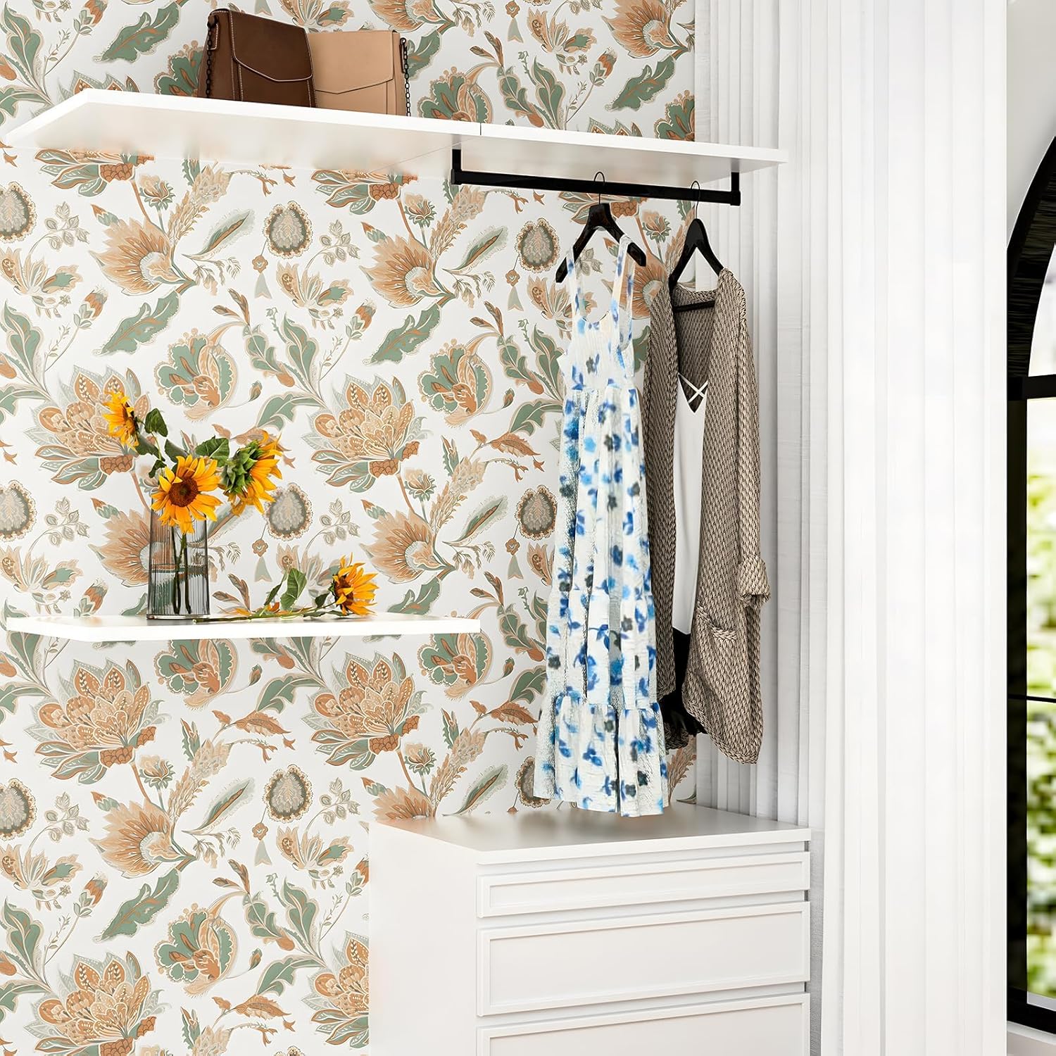 Laatse Boho Wallpaper Peel and Stick Modern Floral Contact Paper Vinyl Waterproof Self-Adhesive Botanical Vintage Wall Paper for Walls Mural Drawers Cabinet 17.5in x 393in(Green,Orange)