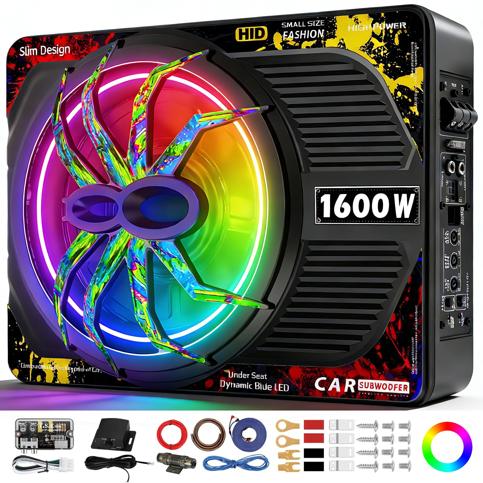 2026 Upgraded 1600W Slim Underseat Car Subwoofer and Amp Package with RGB Beat-Synced Light, Built-in Class D Amp, Subsonic Deep Bass, Under Seat Subwoofer for Truck SUV Jeep