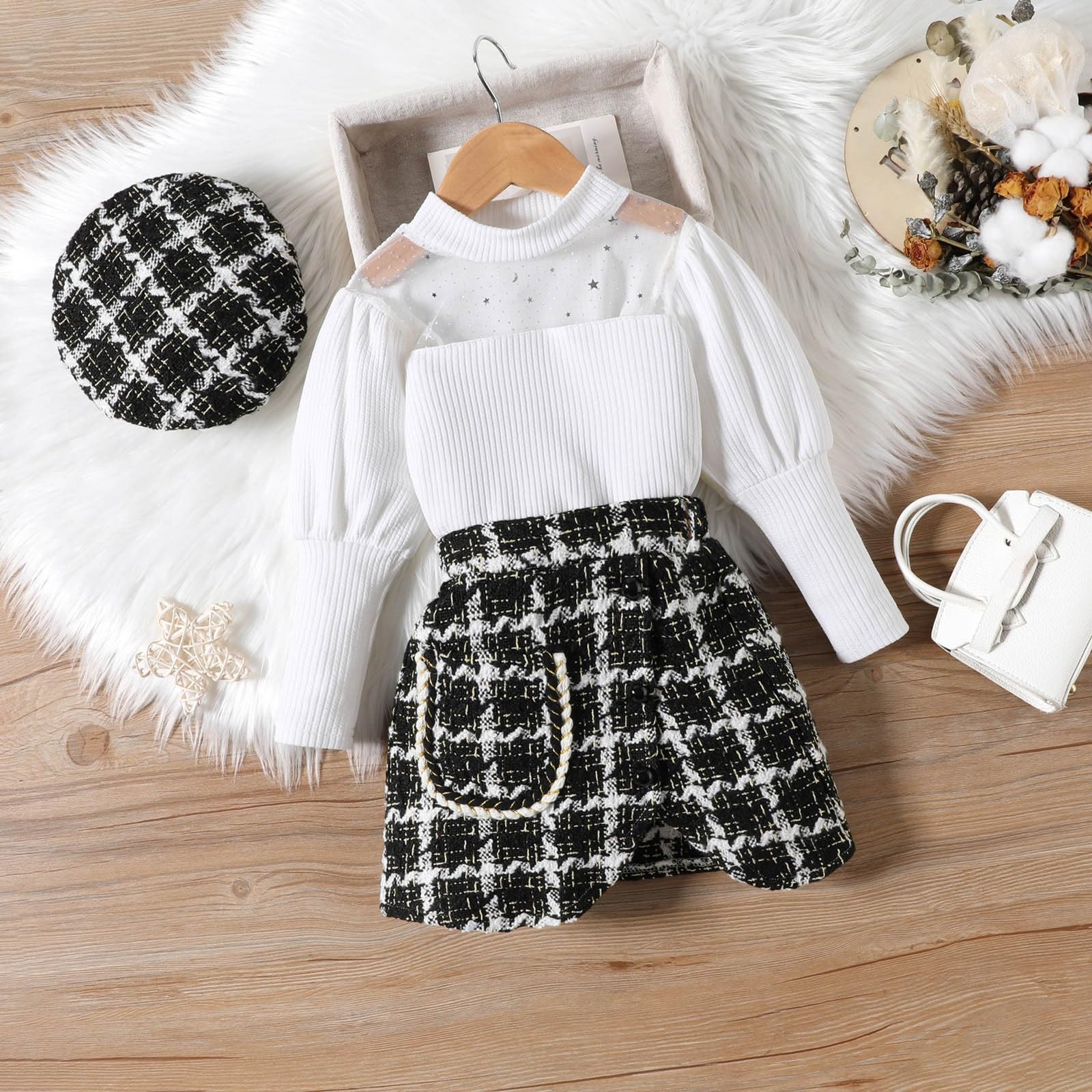 Top con Recorte de Fina y Manga de Burbuja para niñas pequeñas, Falda Irregular con Estampado a Cuadros, Trajes de otoño para niña con Sombrero Trajes De Damas