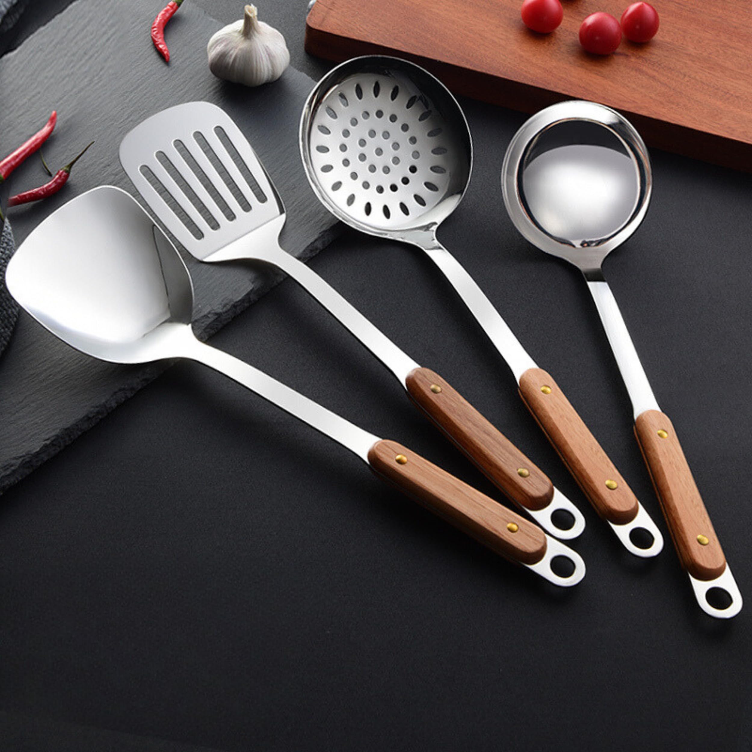 Kankuwar Stainless Steel Ladle, Serving Spoon, Spatula & Slotted BBQ Turner for Ladling Soup, Stir-Frying Food, Grilling, Scraping, Turning Meat, Mixing Scrambled Eggs, Flipping Burgers (Set of 6) - Image 4 thumbnail