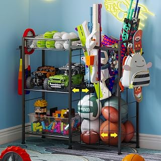Sports Equipment Organizer, Ball Storage Rack with Elastic Straps and Removable Basket for Garage Organization, Garage Organizer with Hooks for Toy Sports Gear Storage, Sports Ball Storage Cart, Black