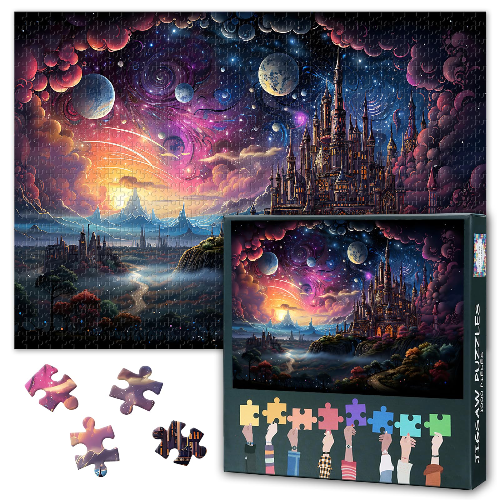 1000 Piece Jigsaw Puzzle Fantasy Landscape Art with Majestic Floating Castles Glowing Moonlit Sky Mystical Fairy Tale Scene Premium Quality Paper Puzzle for Adults & Family Bonding 27.5x19.7 Inches