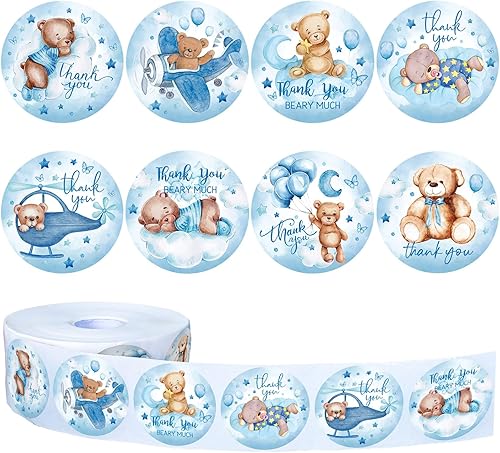 Whaline Blue Bear - Calcomanías de agradecimiento (1000 unidades), papel, rollo, impermeable, para álbumes de recortes, sobres, marcadores, baby