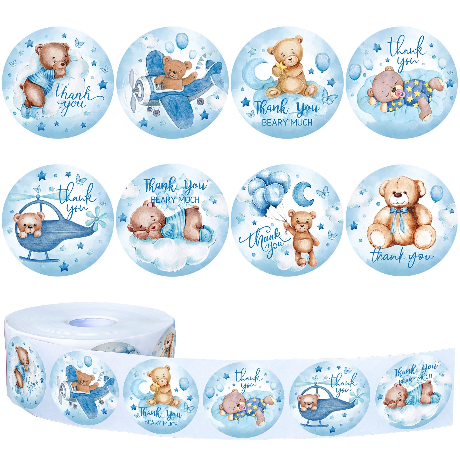 Autocollants ours bleus Thank You Bear Much Whaline pour décoration de baby shower, lot de 1000