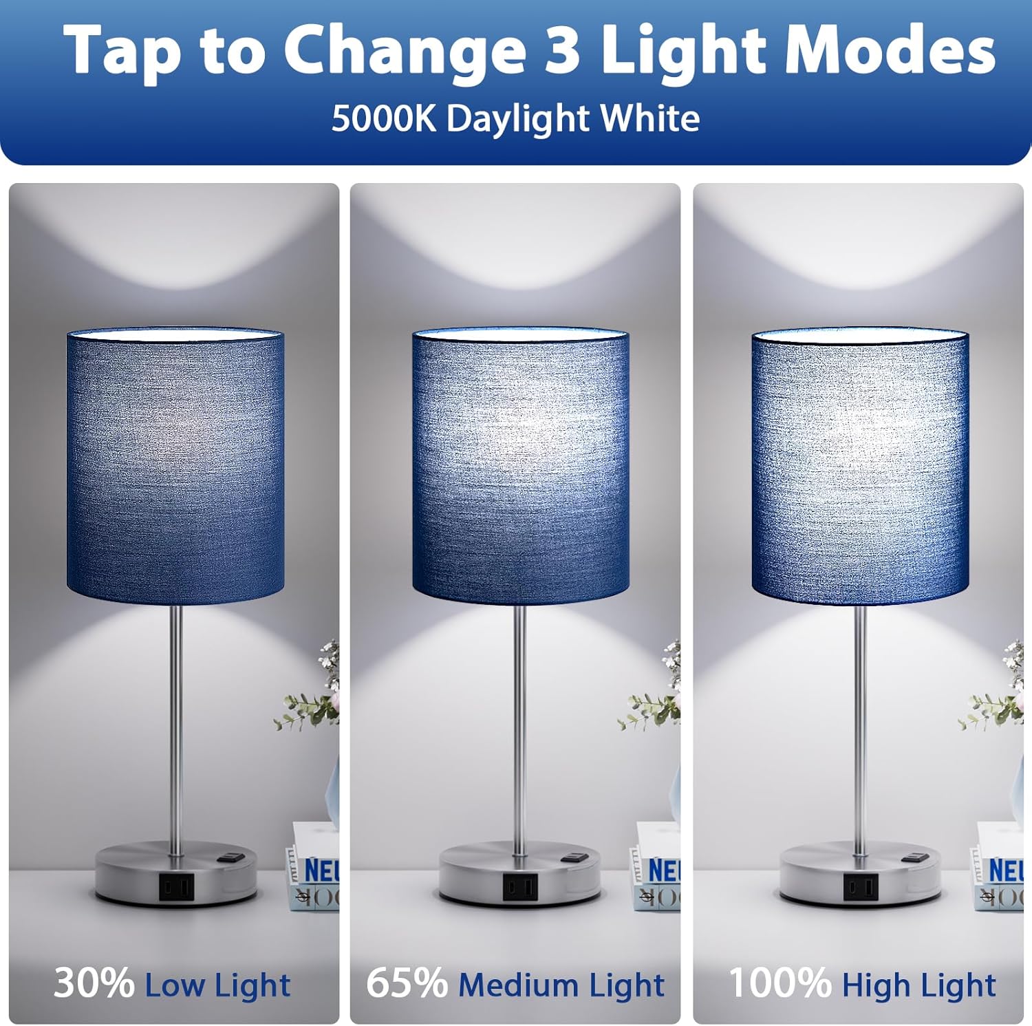 Blue Touch Lamps for Nightstand Set of 2 - Bedside Table Lamp for Bedroom with Dual USB Ports & AC Outlet, 3-Way Dimmable Lamps for Living Room Boys Room, Night Light with 5000K Daylight Bulbs