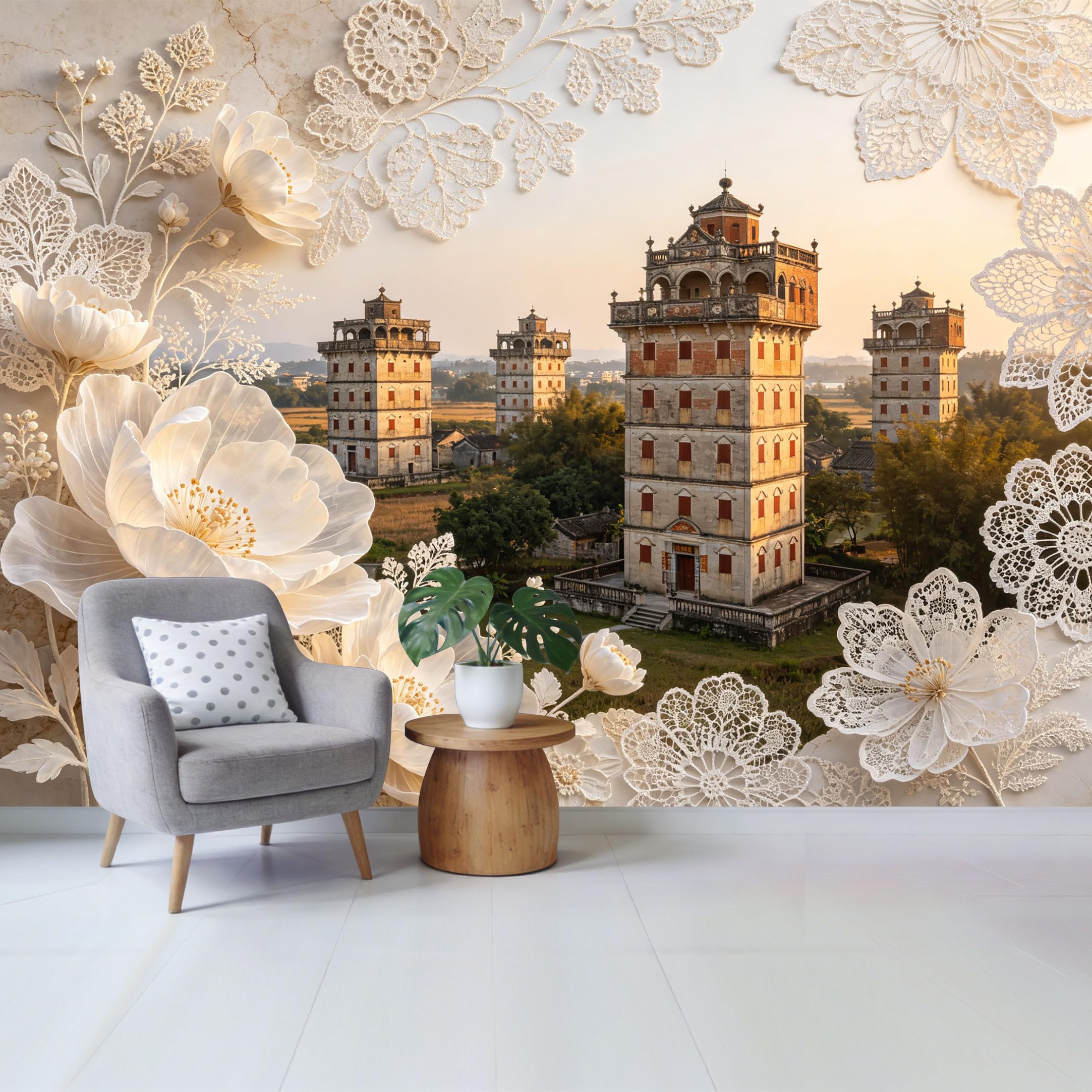 Qzlithotic Yq2605250508 Custom Size Wall Mural Traditional Asian Watchtower Landscape White Floral Lace Pattern Selfadhesive Wall Fabric Removable Wallpaper For Home Office Decor