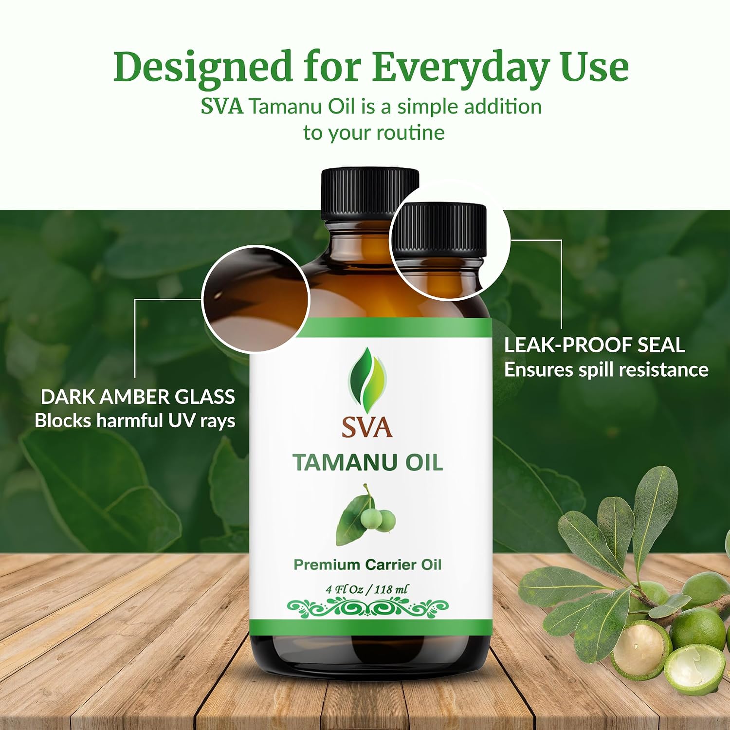 SVA Tamanu Carrier Oil, Glass Bottle with Dropper, 4 Fl Oz (118 ml)