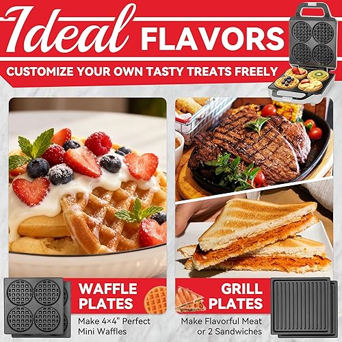 Miniatura 4 de Máquina de gofres 2 en 1 con platos extraíbles, waflera clásica de 4 x 4 pulgadas para niños, platos de parrilla desmontables para el desayuno,