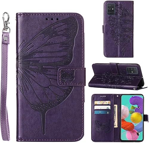 Miniatura 1 de Funda A51 para Samsung A51, función atril, correa de muñeca, ranuras para tarjetero, diseño floral de mariposa en relieve, funda protectora de piel