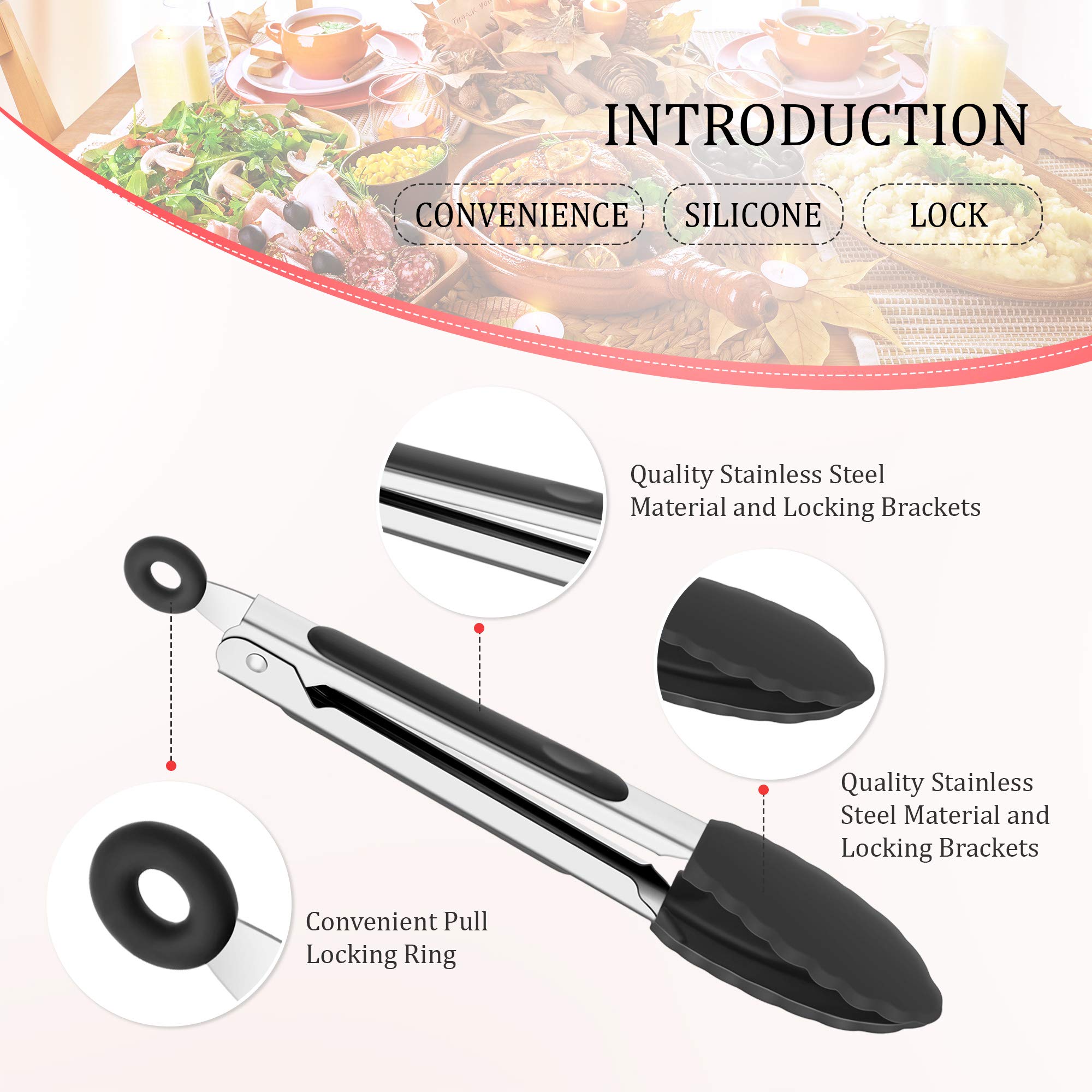 Ustensiles de cuisine 5 pièces Mini pinces en silicone Petites pinces en silicone de 7 pouces Mini pinces de cuisine de service avec embouts en silicone Petites pinces de service Pinces de cuisson en