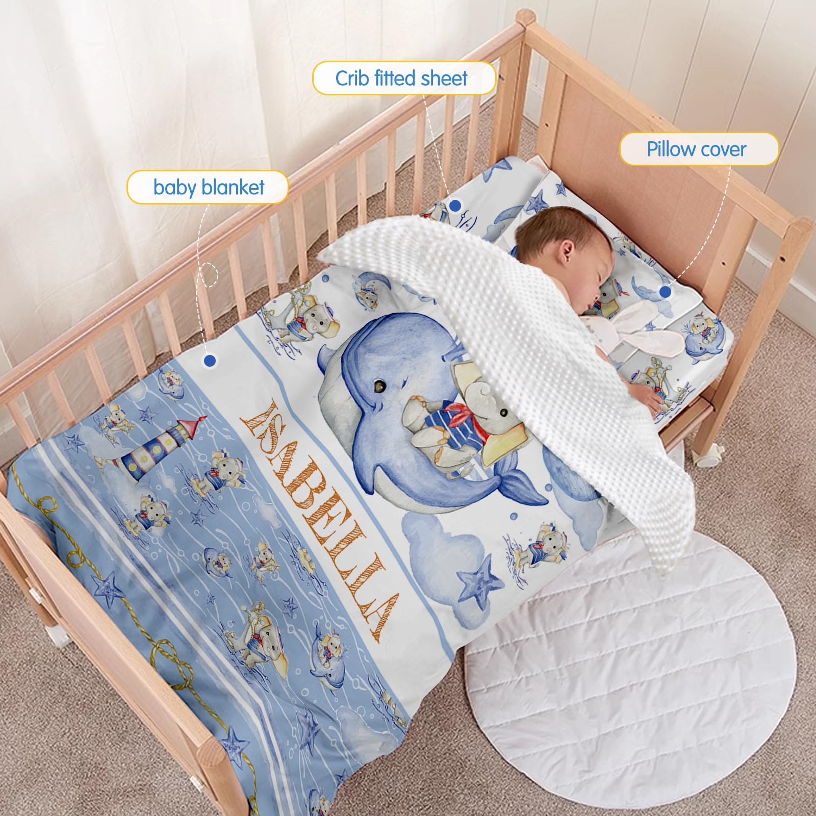 Evulum Personalized Baby Bedding Set for Boys, Custom Name 3 Pcs Nursery Bedding Set - Standard Size Toddler Bedding Sets with Baby Blanket Fitted Sheet Pillowcase Blue Whale