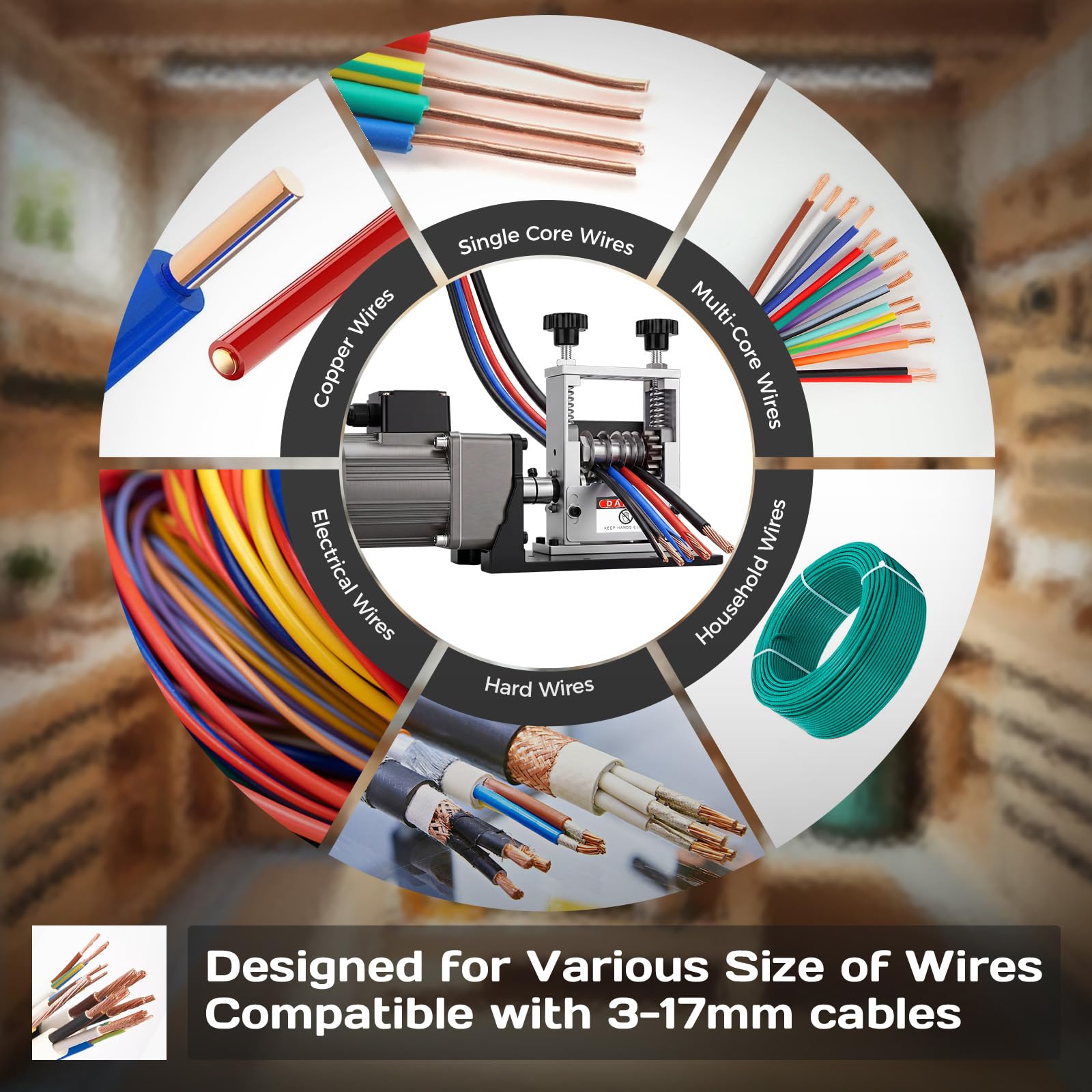 Maquina Pelar Cables Electrica, 60W Pelador de Cables Electricos con 6 Canales y 5 Cuchillas, Pelacables para Cable de 3-17mm, Pela Cables de Electricidad para Reciclaje Cables Cobre