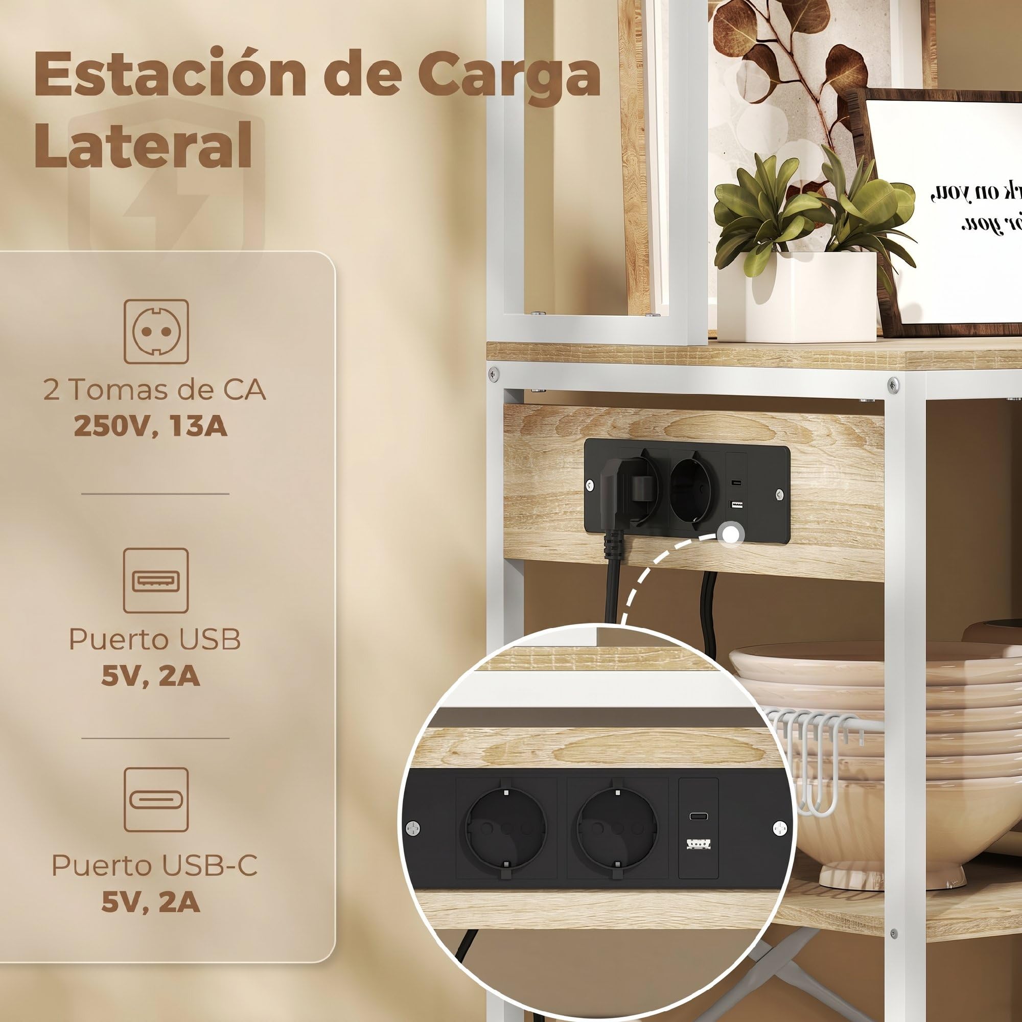 HOMCOM Estantería de Cocina con Enchufes y Puertos USB 80x40x181 cm Roble