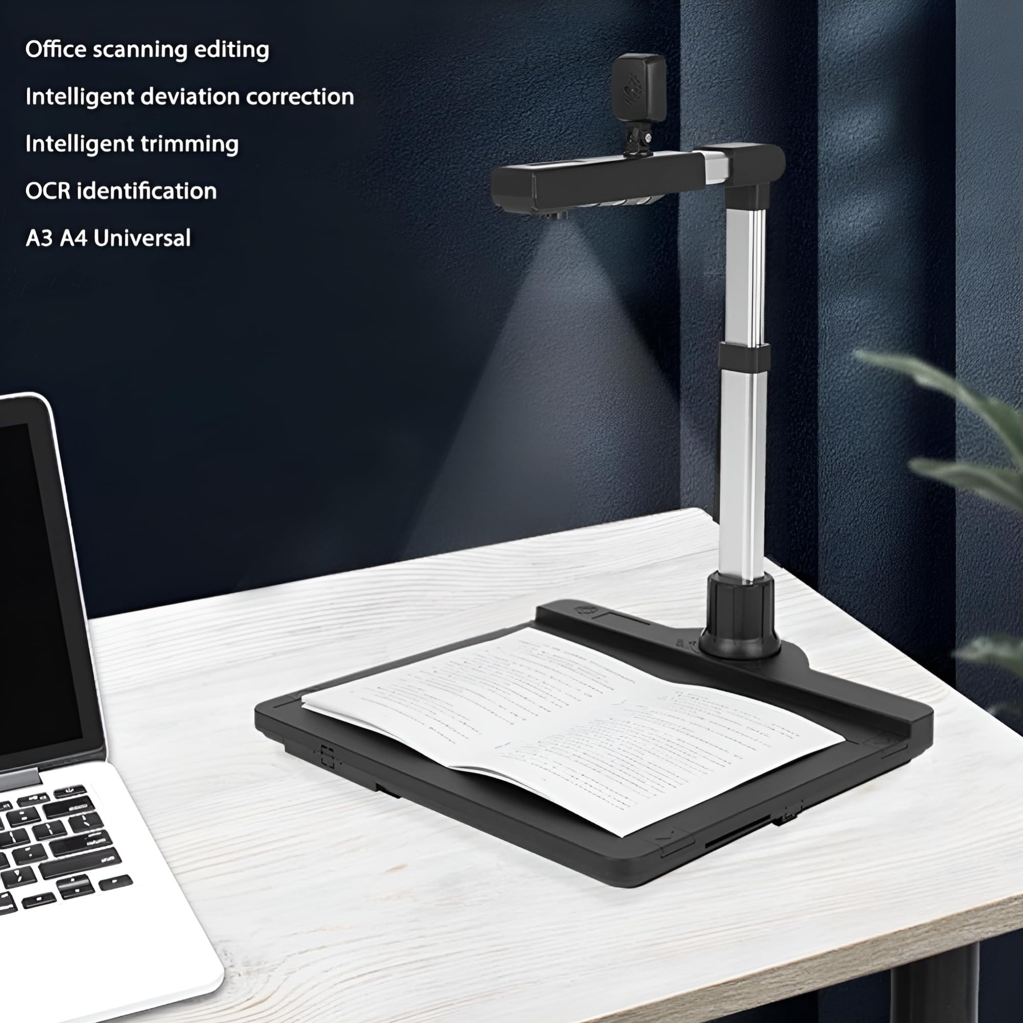 Escáner de documentos portátil, cámara dual de 12 MP, corrección y corte automáticos con un solo clic, modo profesional para aula, oficina y biblioteca