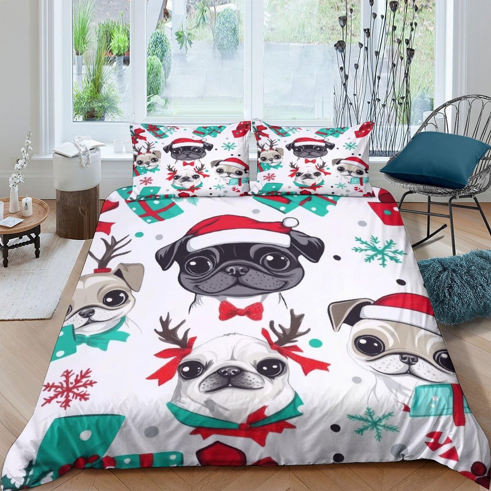 XFKLYNVCJ 3D Printed Christmas pug Quilt Cover Breathable Fabric Cartoon festive dog Bedding Cover Stain Resistant Fade Resistant for College Dorm Student Bedroom Bedding Use King（220x240cm）