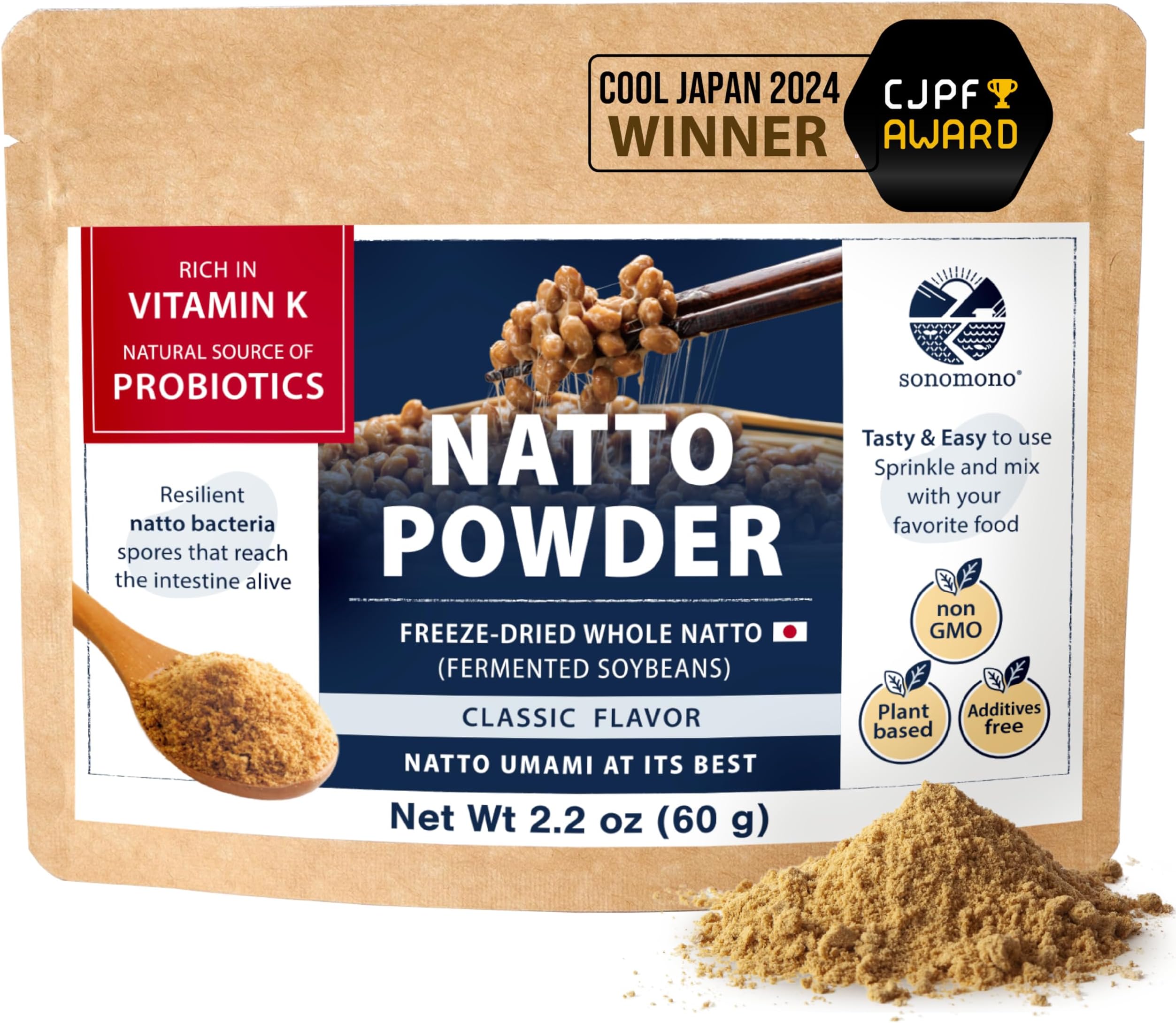 sonomono 10g Classic Japanese Natto, Fermented Soy Powder for Gut Health, Non-GMO, Vegan, Low Sodium, Freeze-Dried, Prob Rich 30 Servings (Pack of 1)