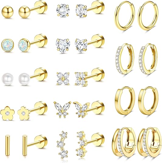 Besteel 14K Gold Plated Flat Back Earrings Set