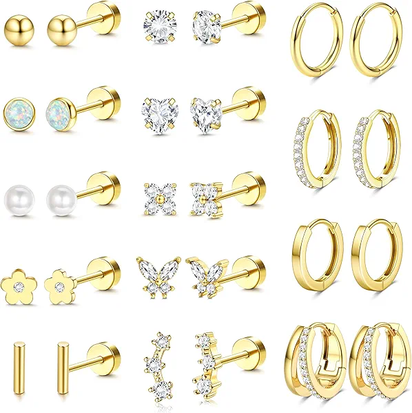 Hypoallergenic Flat Back Earrings - 14K Gold Plated Cartilage Earring Sets 20G Surgical Stainless Steel Earrings for Women Small Hoop Flatback Stud Earring Stacks Helix Conch Tragus Piercing Jewelry