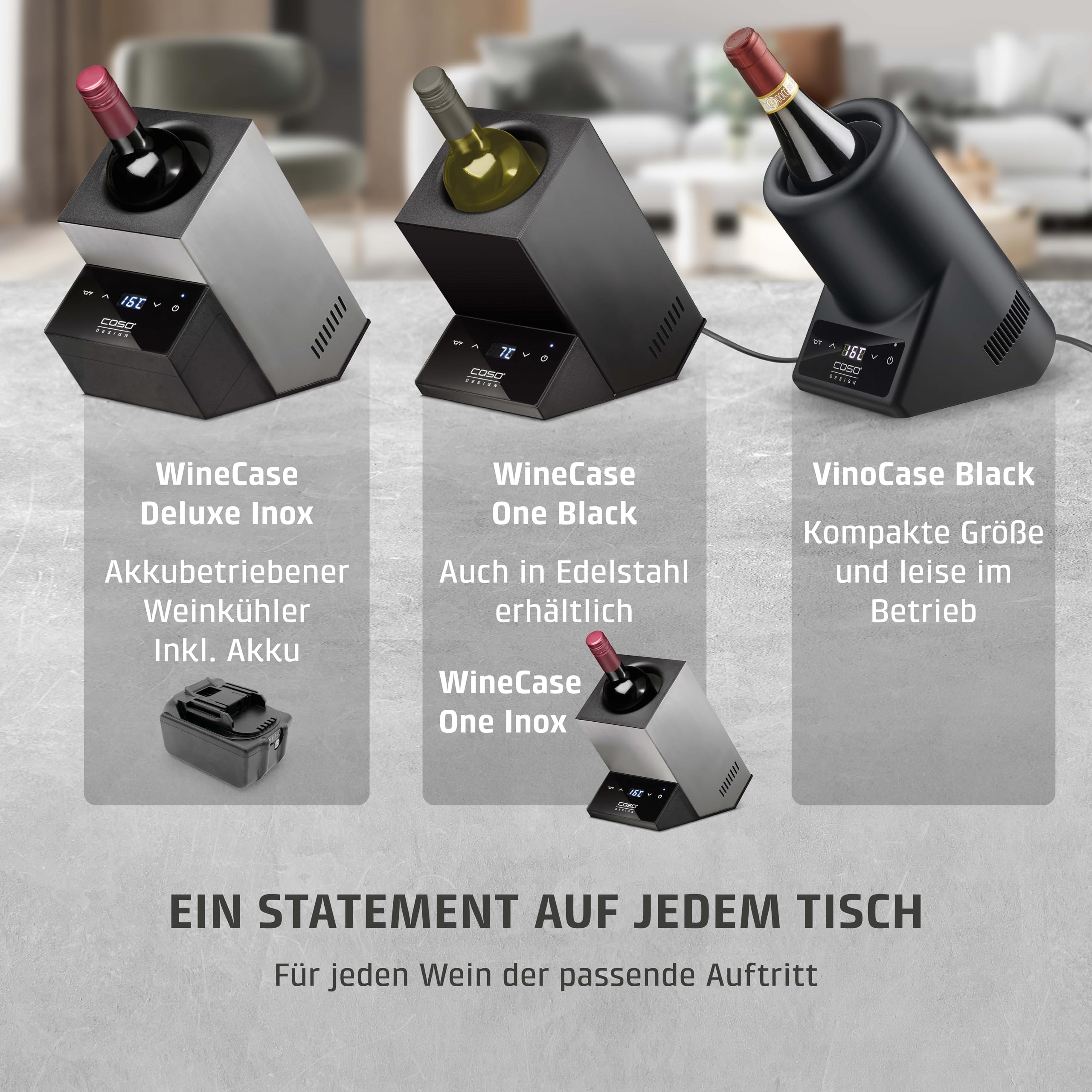Caso WineCase One Black - Design Weinkühler für eine Flasche, Temperaturbereich von 5-18°C, für Flaschen bis 9 cm Ø, Sensor-Touch Bedienung, Schwarzes Edelstahlgehäuse, LED Display