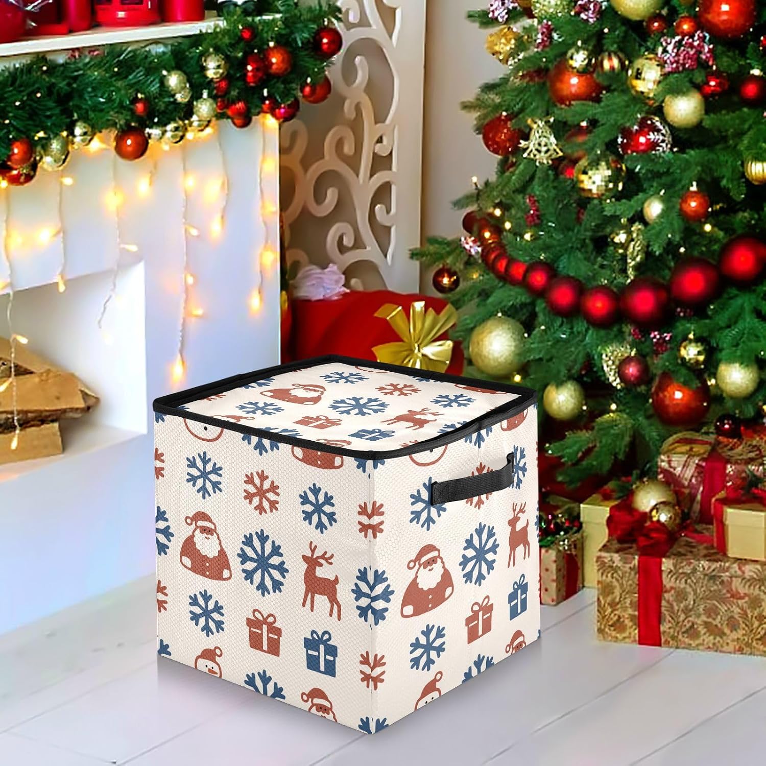 High Capacity Christmas ornament organizer Holds Up to 64, Adjustable Dividers, Zippered Top, Two Handles Large Holiday Storage Case with Lid,Christmas Snowman Deer Rust Red Indigo