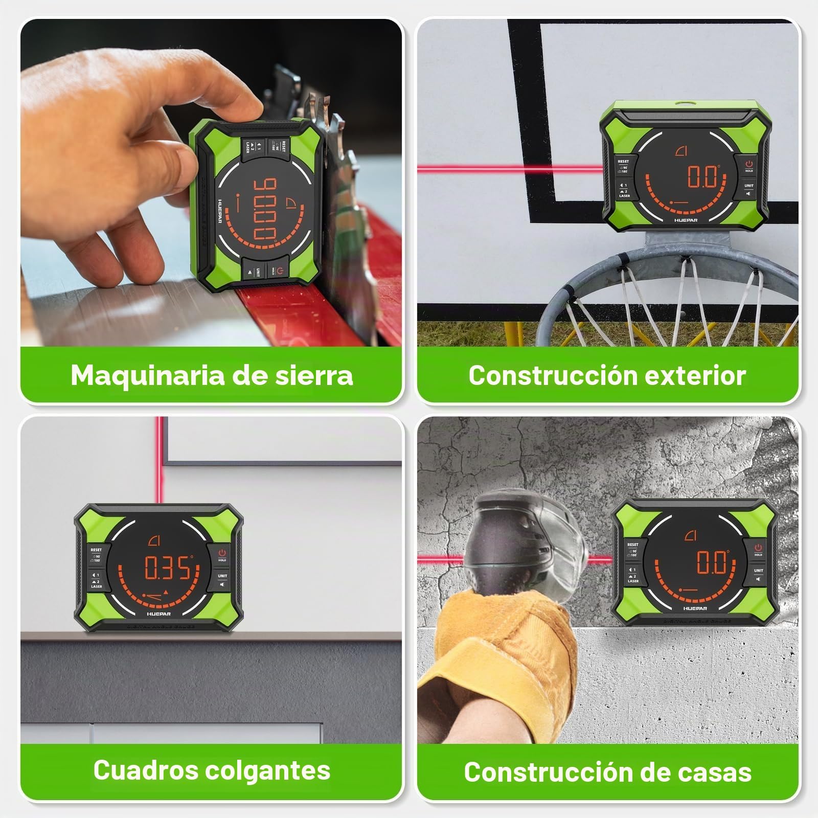 Huepar Inclinómetro Digital con Láser de Líneas Cruzadas, Pantalla LCD y Base Magnética – Ideal para Carpintería, Construcción y Bricolaje