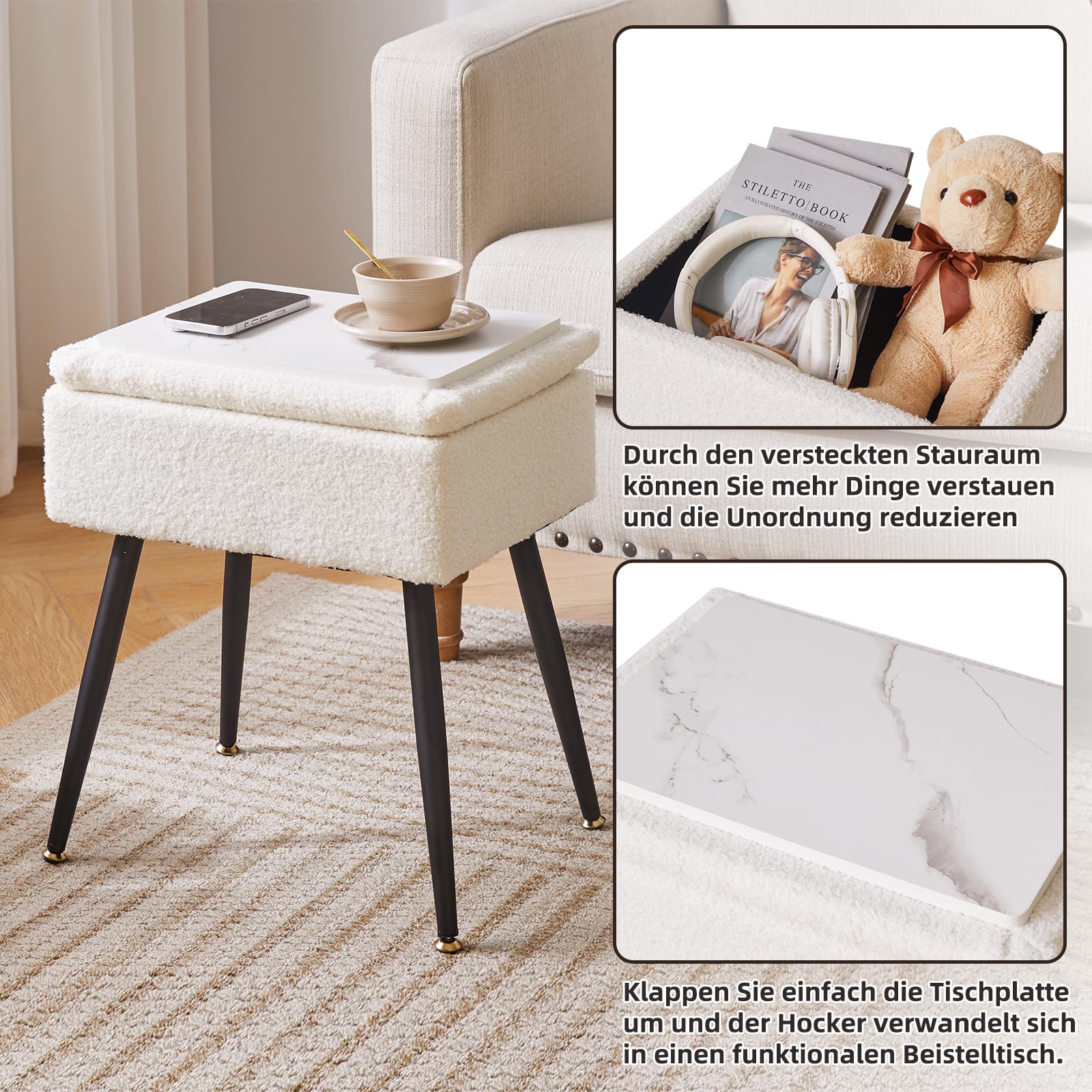 Aibiju Teddyfellimitat Hocker mit Stauraum, Rechteckiger Fußstützenstuhl Ottoman,Schminktischsitz, Kleiner Beistelltisch für Schminkzimmer, Schlafzimmer, Weiß YD-SMS137W