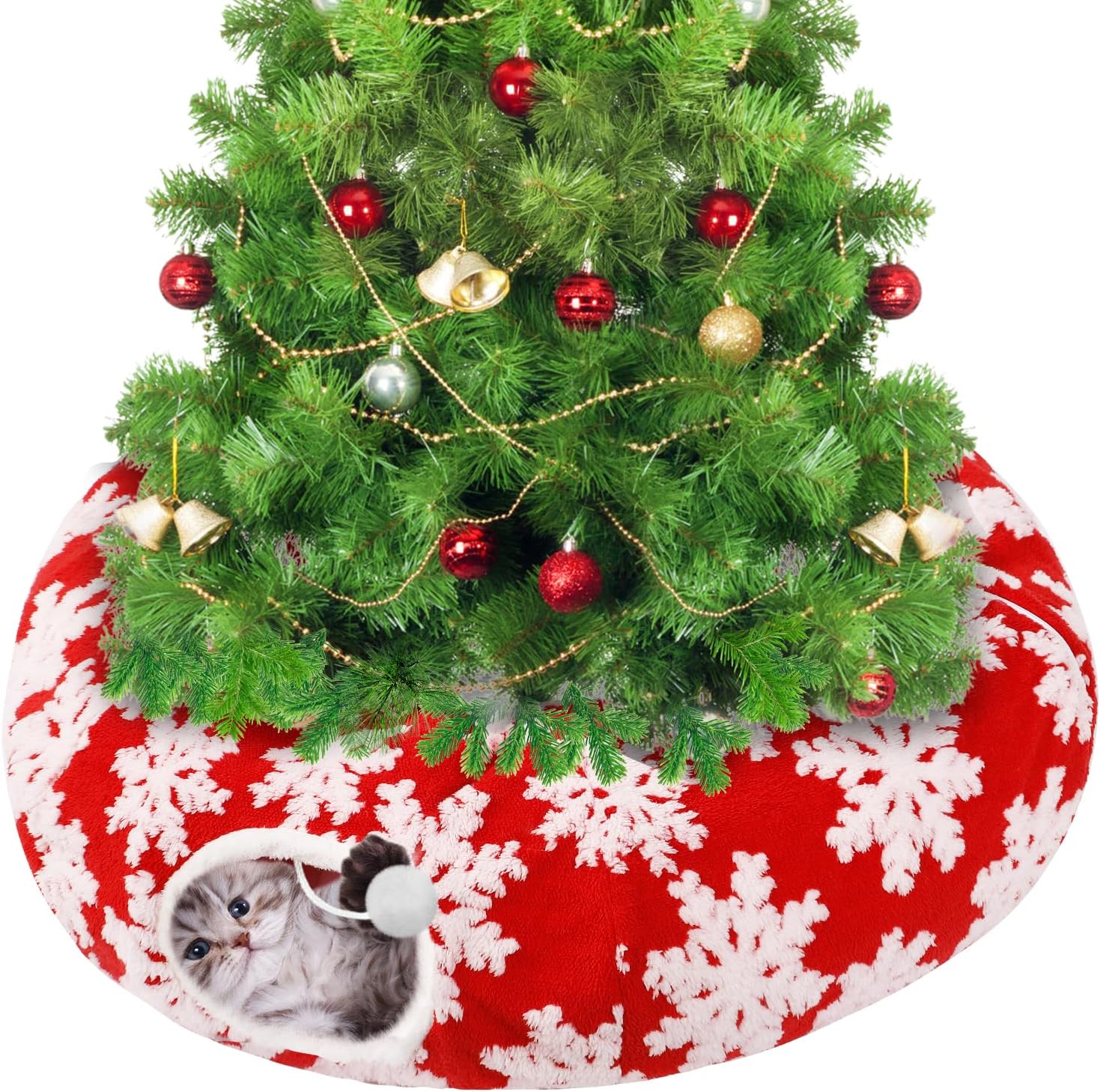 Cat Tunnel for Christmas Tree - Warm Soft Cat Tube Christmas Tree Skirt, Snowflake Patterns Multifunctional Decorative Bed with Central Mat for Keeping Indoor Cats Off Xmas Tree, Red