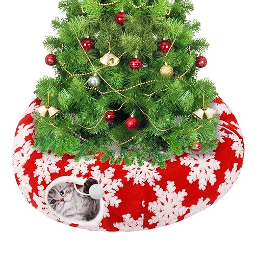 Cat Tunnel Christmas Tree Skirt for 5-7.5ft Trees - Prevent Christmas Tree Falling, Snowflake Patterns Warm Soft Cat Tube Bed with Anti-Slip Mat