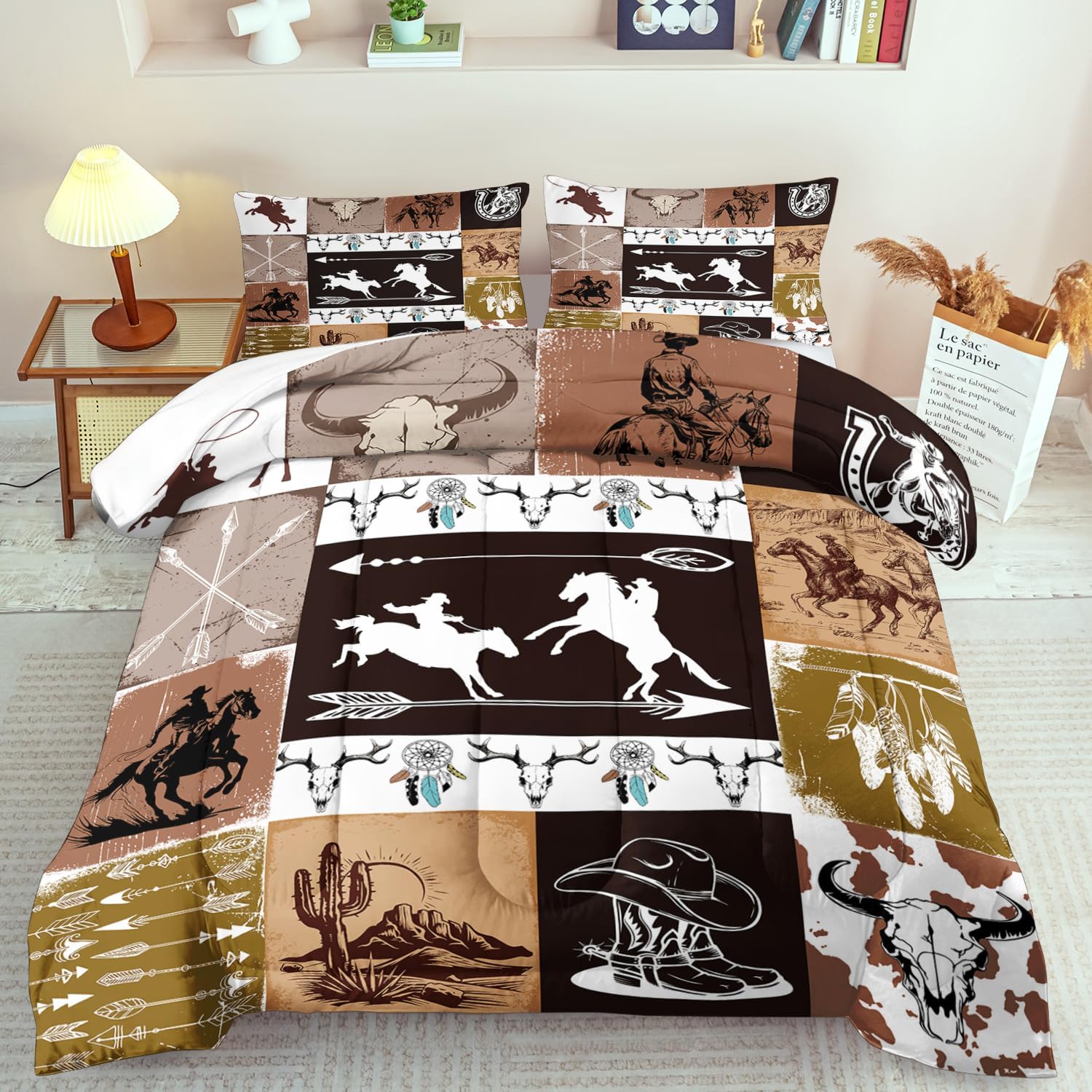 Cowboy Comforter Set Queen Western Bedding Set for Teens Desert Cactus Comforter Queen Hunting Quilt Farmhouse Bedroom Decor America West Bedding Country Home Decor Bedroom