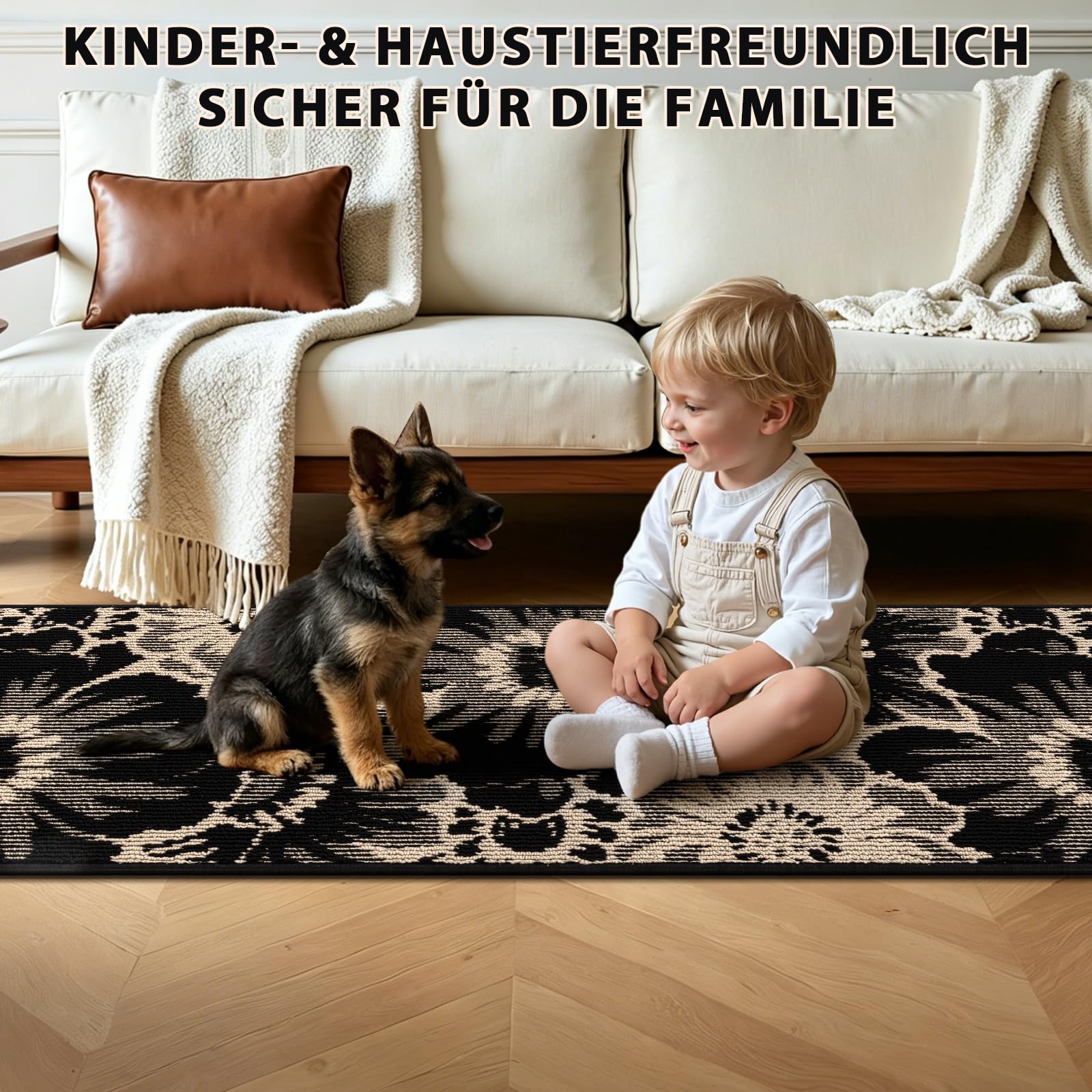 Läufer Flur Langer rutschfest, Teppich Läufer Waschbar, 80x300cm | Schwarz & Beige, Absorbierend Küchenteppich, Polypropylen, Perfekt für Küche, Eingang, Esszimmer Waschküche
