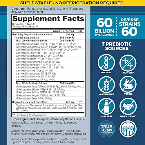 Miniatura 2 de Vital Planet - Vital Flora Ultra Daily Probiotic 60 mil millones de UFC, 60 cepas diversas, 7 prebióticos orgánicos, apoyo inmunológico, probióticos