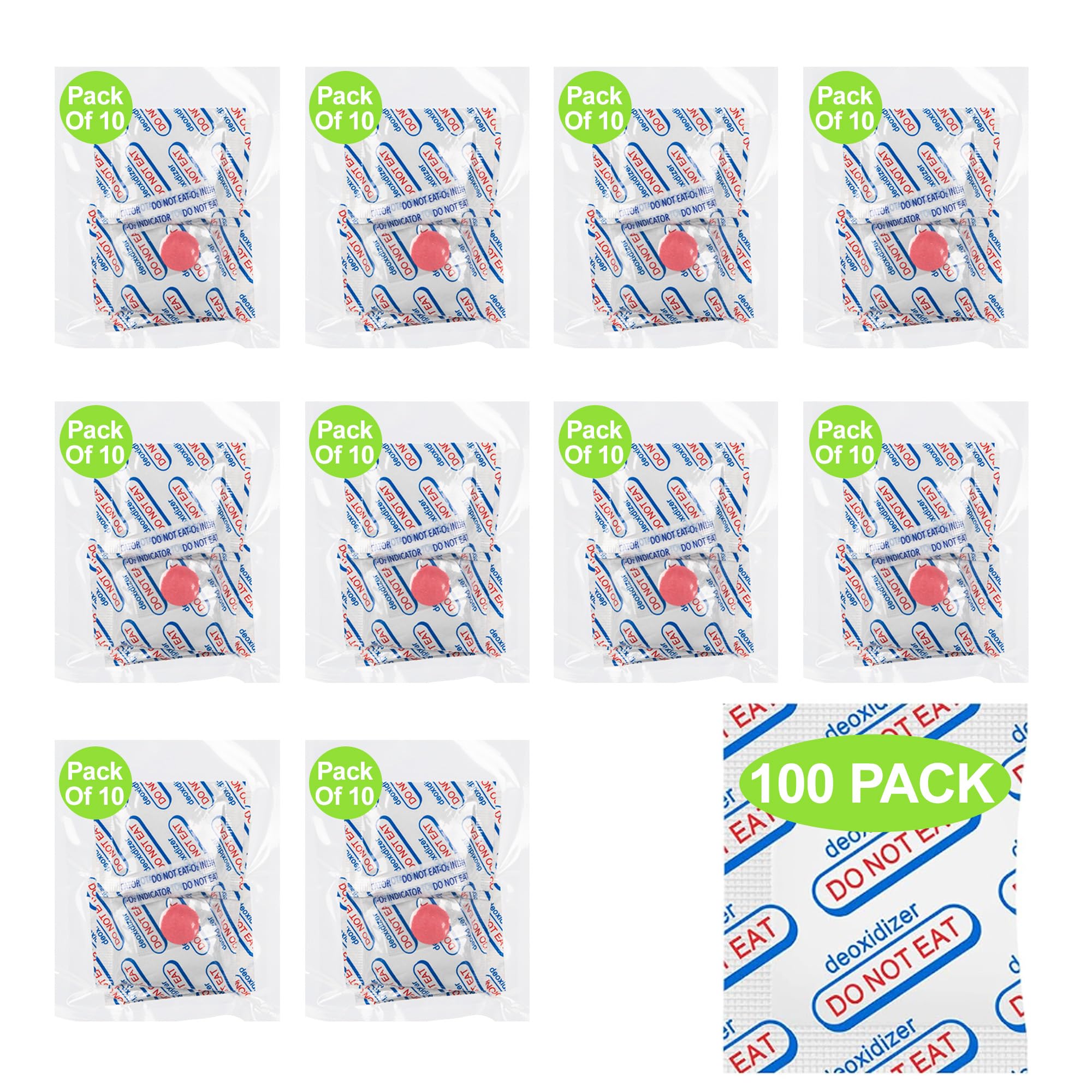 100-Pack 500cc Oxygen Absorbers for Food Storage - Individually Vacuum Sealed in 10-Packs, Food Grade With Oxygen Indicator for Long-Term Storage Compatible with Mylar Bags, Mason Jars