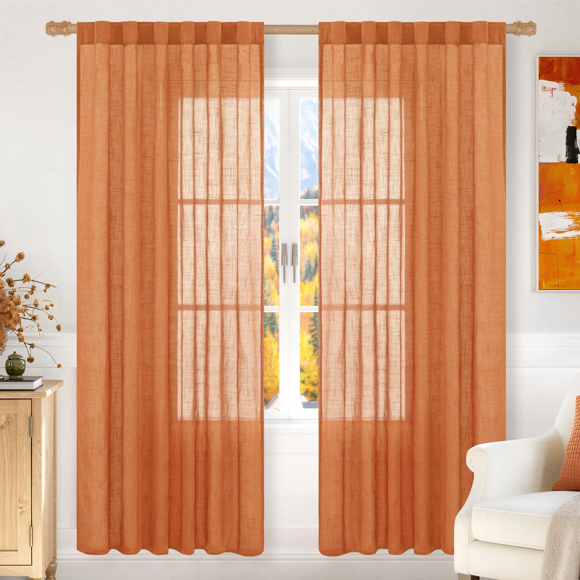 LAMIT Natural Linen Semi Sheer Curtains 84 Inches Long 2 Panels, Living Room Linen Textured Light Filtering Drapes Back Tab and Rod Pocket Neutral Window Panels for Bedroom/Sliding Door, 52 x 84 Inch — view 73