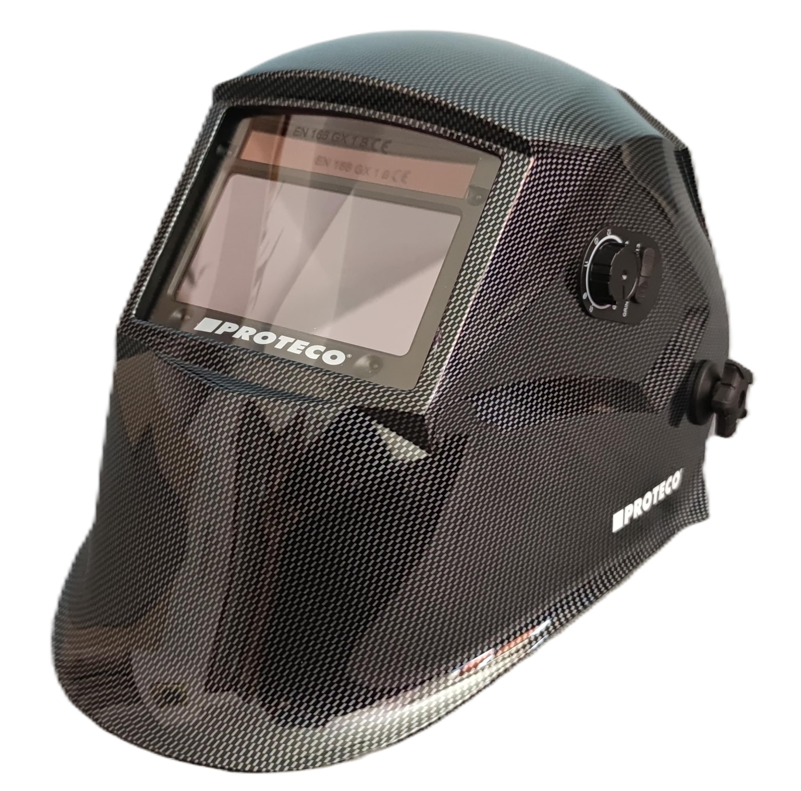Proteco-Werkzeug® P800E-C Automatik Schweißhelm inkl 10 Ersatzgläser Solar Schweisshelm TOP Optische Klasse 1/1/1/1 Schweissmaske Schweißschild Automatikhelm Carbon