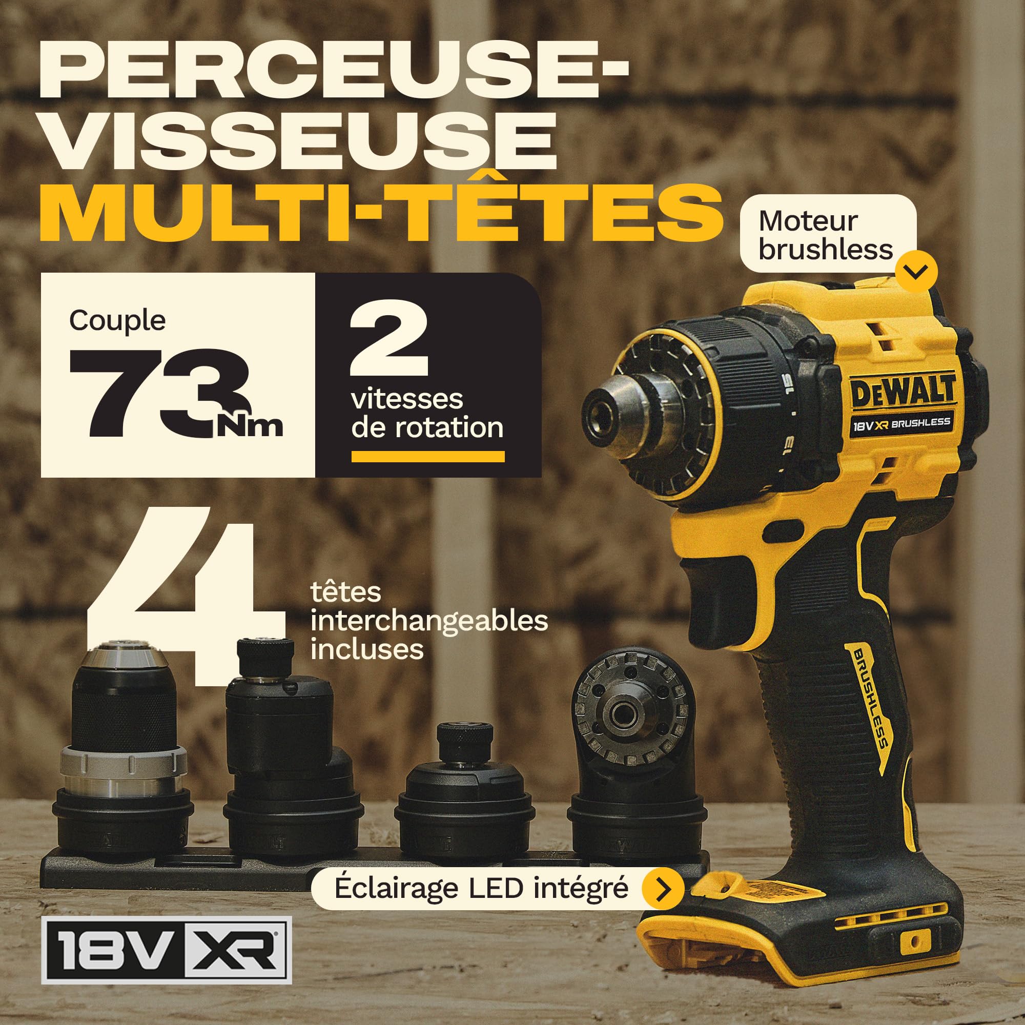 DEWALT Perceuse-visseuse multi-têtes 18V XR, 4 têtes, DCD803KN-XJ | Perceuse-visseuse multi-têtes DEWALT 18V XR compacte avec 4 têtes interchangeables, moteur Brushless et couple de 73 Nm.