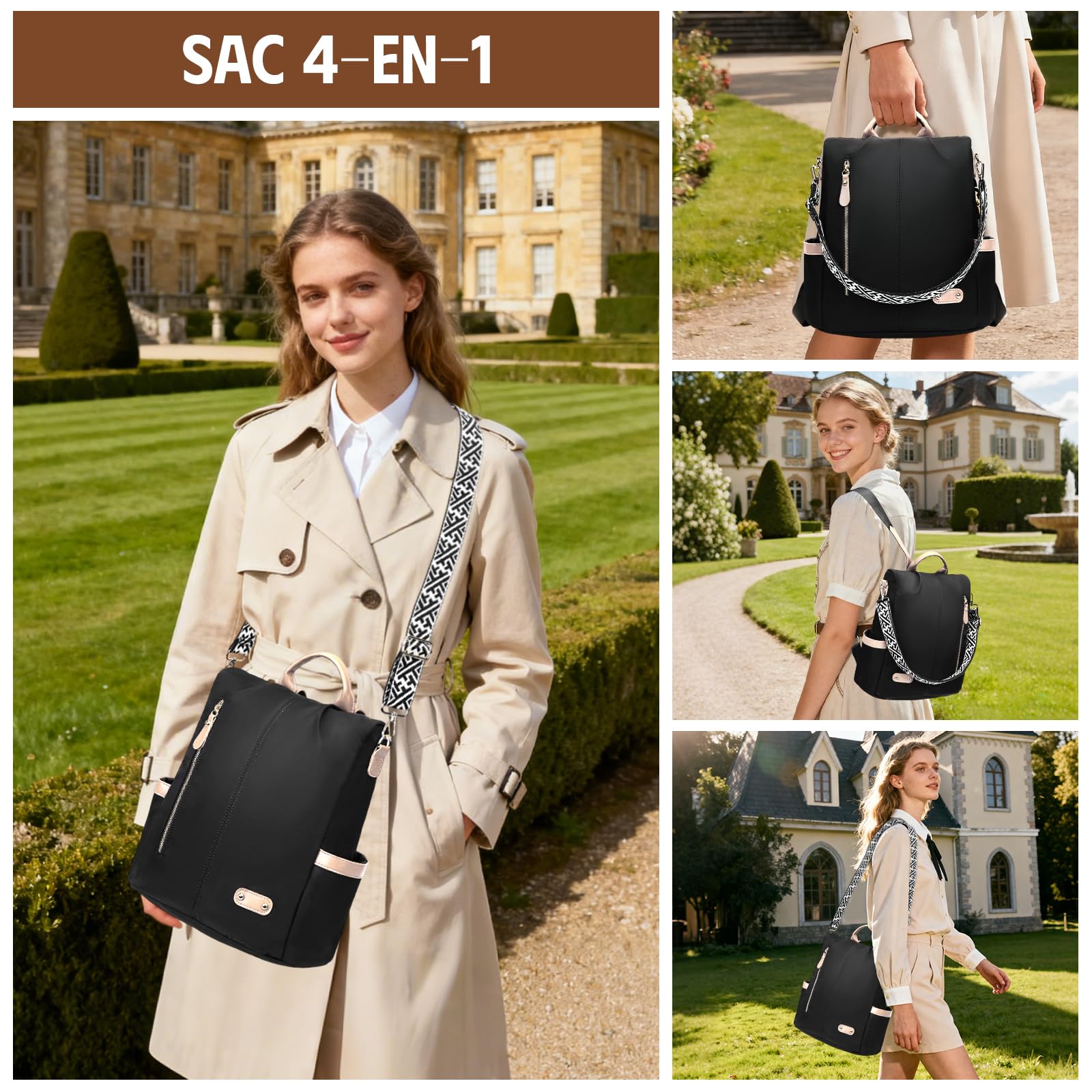Sac a Dos Femme Antivol, Sacs à Main Portés Dos Elegant Leger, Petit Sac à Dos Impermeable Chic avec Étui Carte Bancaire Anti Piratage & Pochette pour Voyage Ville Balades Transport en Commun