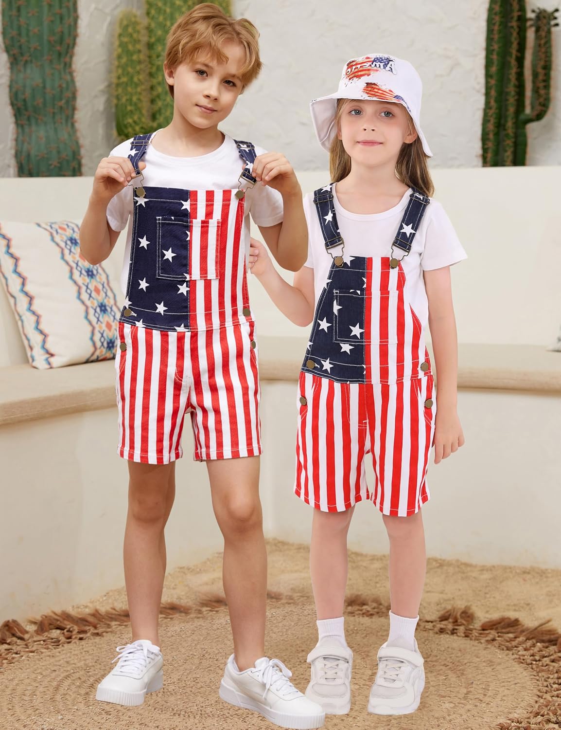 OeyFnbmO Kids 4th of July Outfit Boy American Flag Overall Girl Stretch Denim Jumpsuit USA Shorts with Zipper Fly