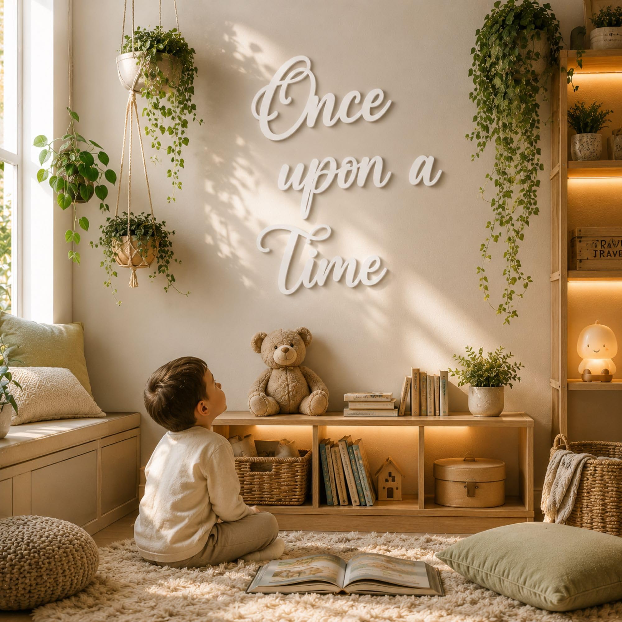 American Elm Once Upon A Time Wall Decor Sign for Home Decoration, PVC White Wooden Hanging Decor for Bedroom, Nursery & Reading Corner, Ready-to-Use, 1 set-image-13