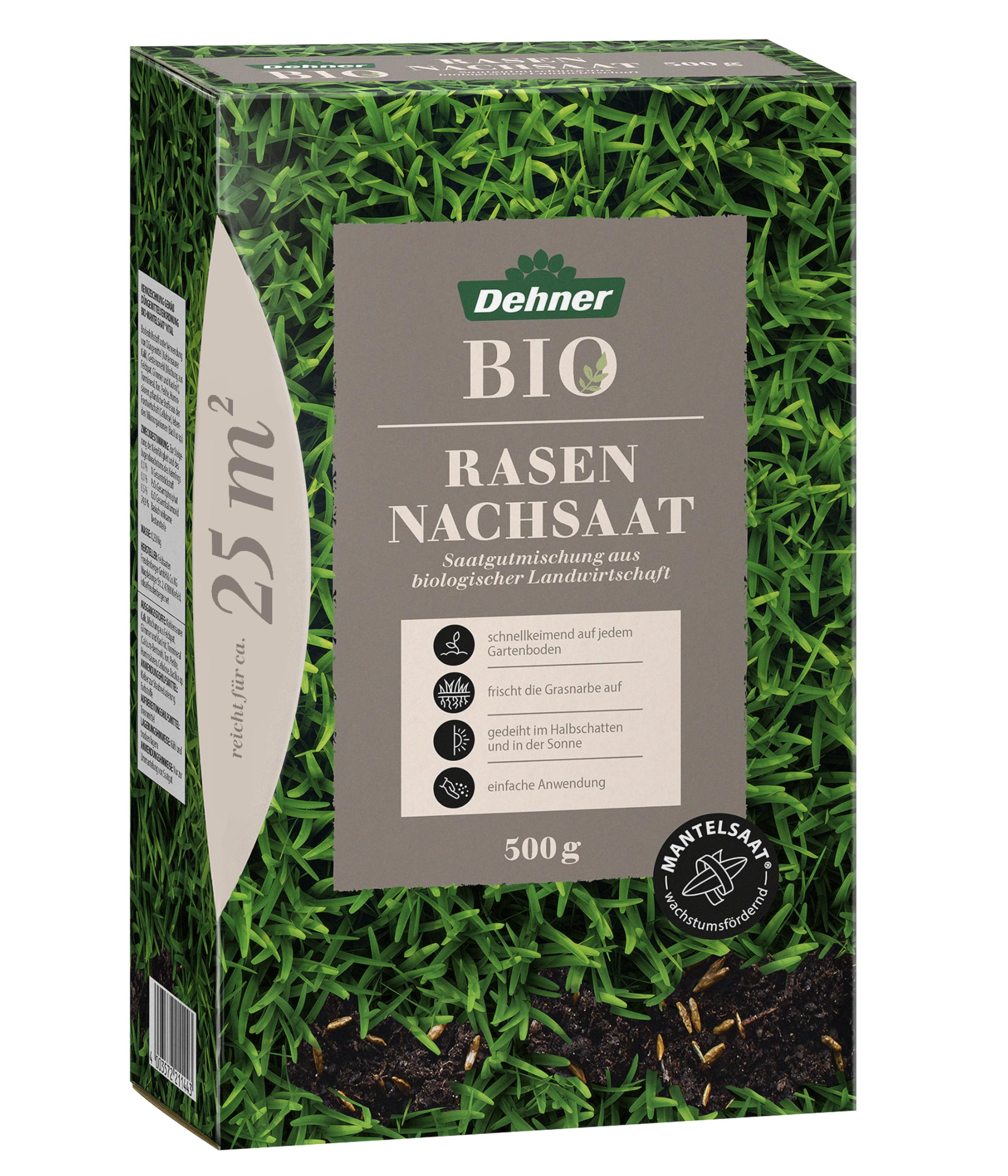 Dehner Semillas orgánicas para césped, Mezcla de Semillas, germinación rápida, 500 g, para Aprox. 25 m²