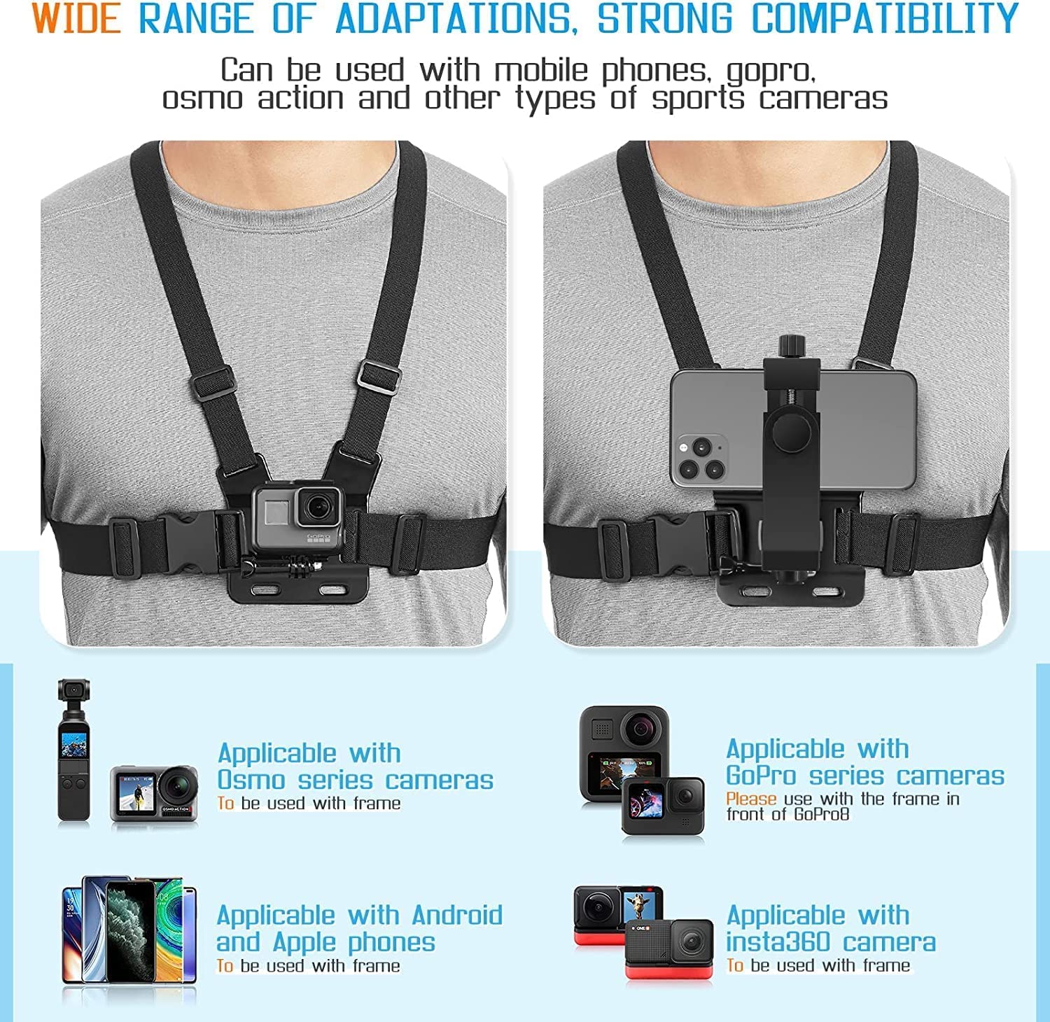 VTS Mobile Phone Chest Strap Mount GoPro Chest Harness Holder for VLOG/POV, with iPhone 13 Pro Max Plus,Samsung,GoPro Hero 9, 8, 7, 6, 5,OSMO Action 1