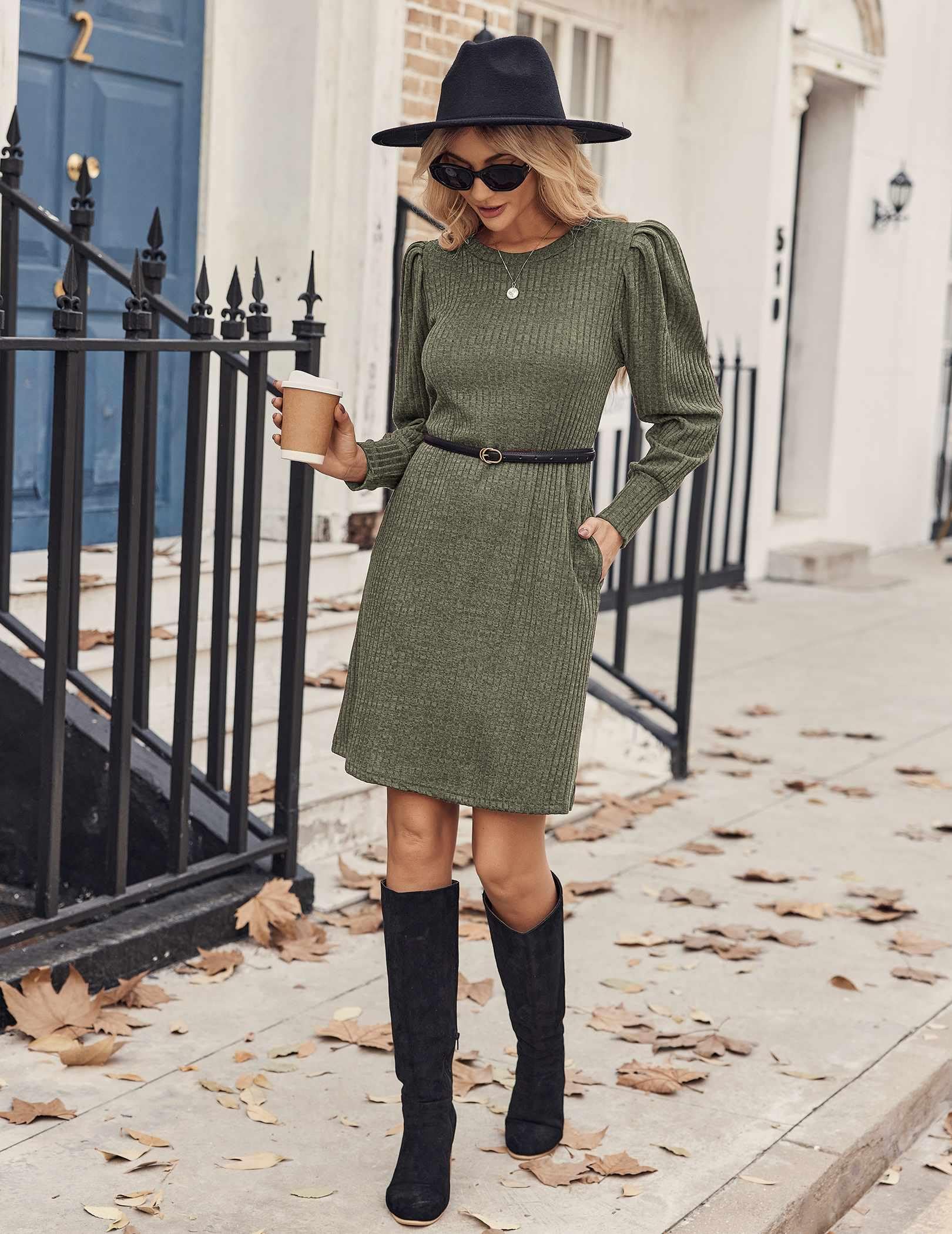 Zeagoo Robe en tricot avec manches bouffantes pour femme - Automne et hiver - Col rond - Robe tunique décontractée