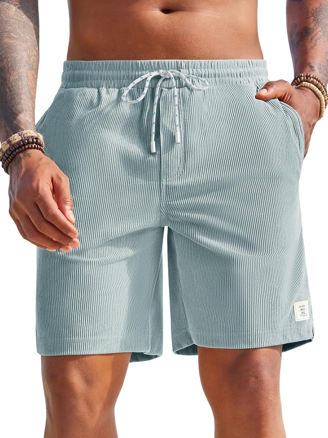 Yousify Men's Corduroy Shorts Casual Elastic Waist Drawstring Summer Beach Vacation Shorts with Pockets