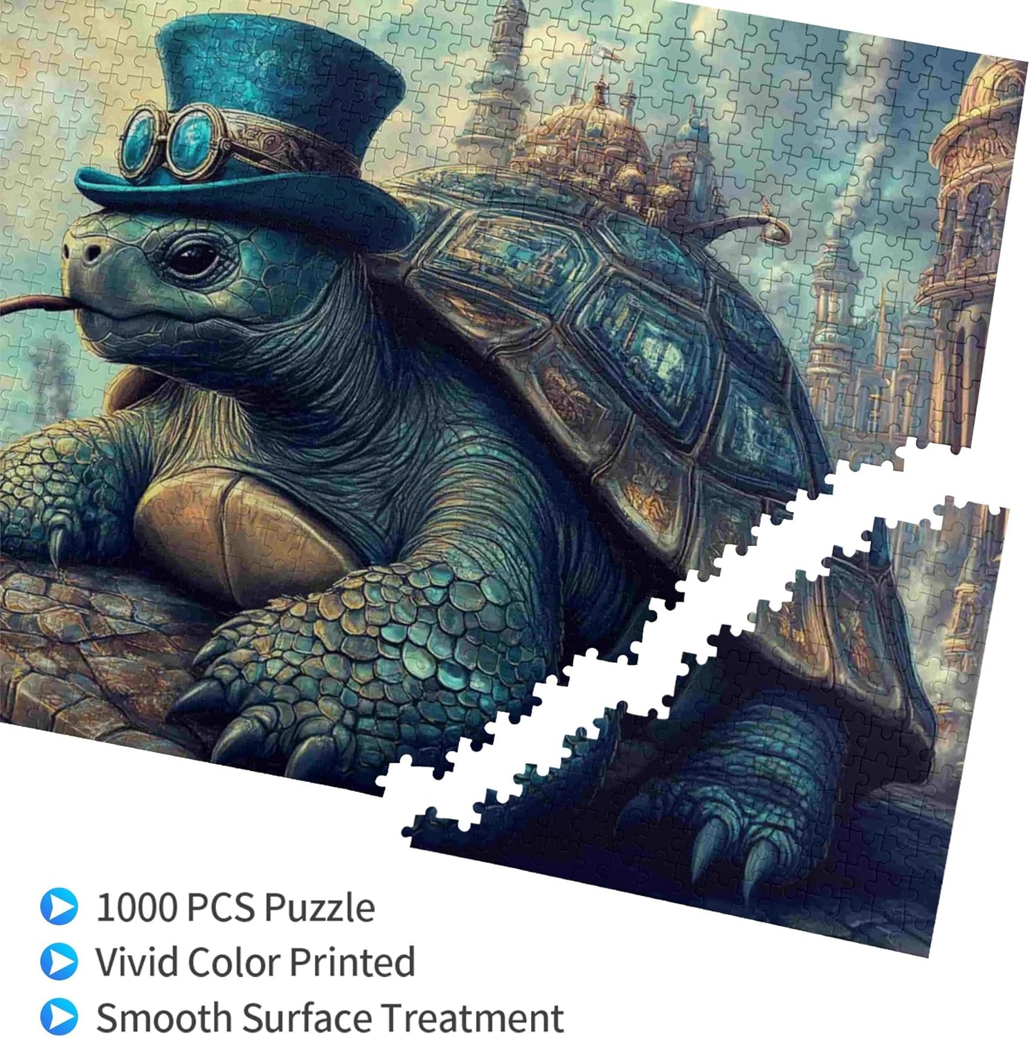 1000 Piece Steampunk Puzzle for Adults – Dapper Turtle with Top Hat in Fantasy Cityscape, Artistic Wooden Jigsaw Puzzle, 29.7 x 19.5 Inches