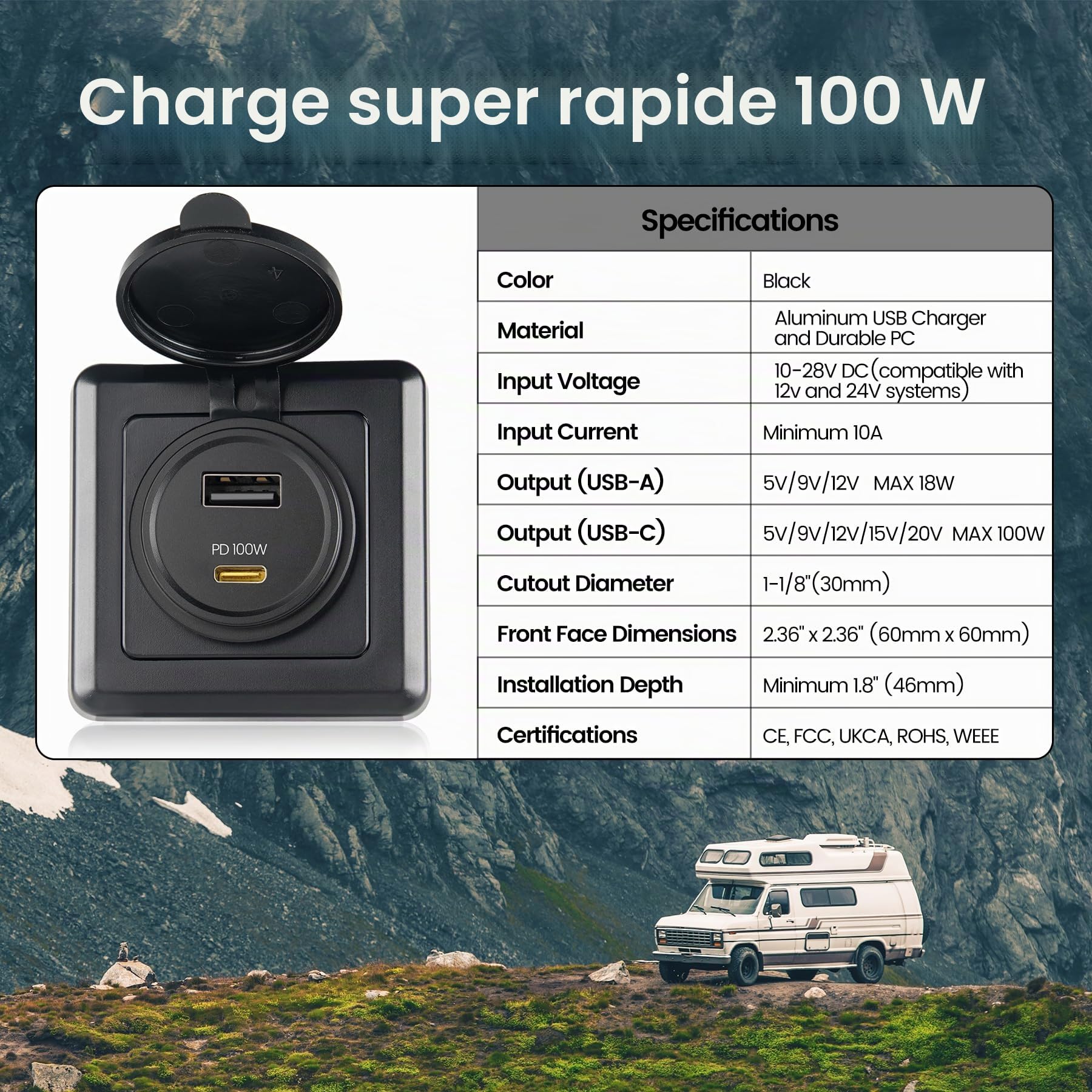 Prise USB 118 W pour véhicule récréatif 100 W PD et 18 W USB-A Double Port, puissante USB-C à Charge Rapide pour Ordinateur Portable, Tablette et téléphones, idéale pour Camping-Car, remorque