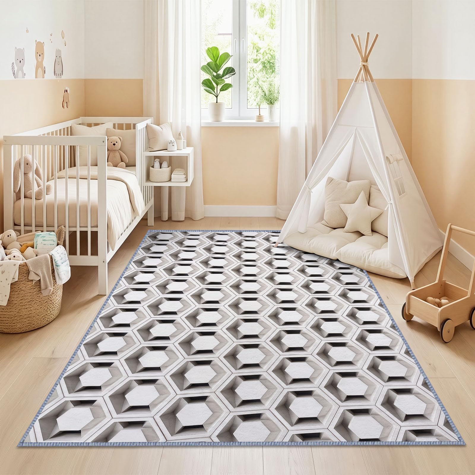 Grand Tapis Salon 140x200cm 3D Illusion Optique, Tapis de Salon Lavable en Machine Antidérapant à Poil Ras, Blanc Géométrique Hexagone Doux Tapis Chambre Adulte pour Salle à Manger Couloir